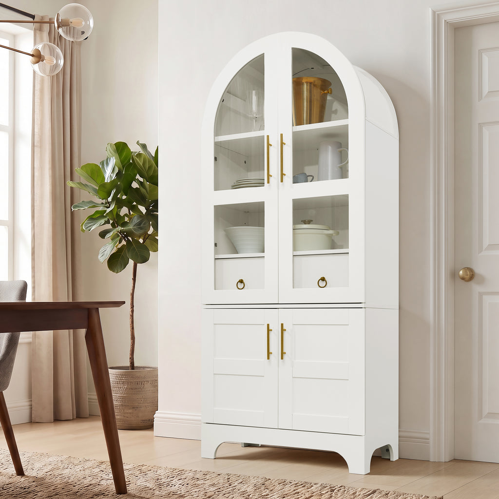 77-Inch Arched Kitchen Cabinet with Glass Doors and Hidden Drawer, White