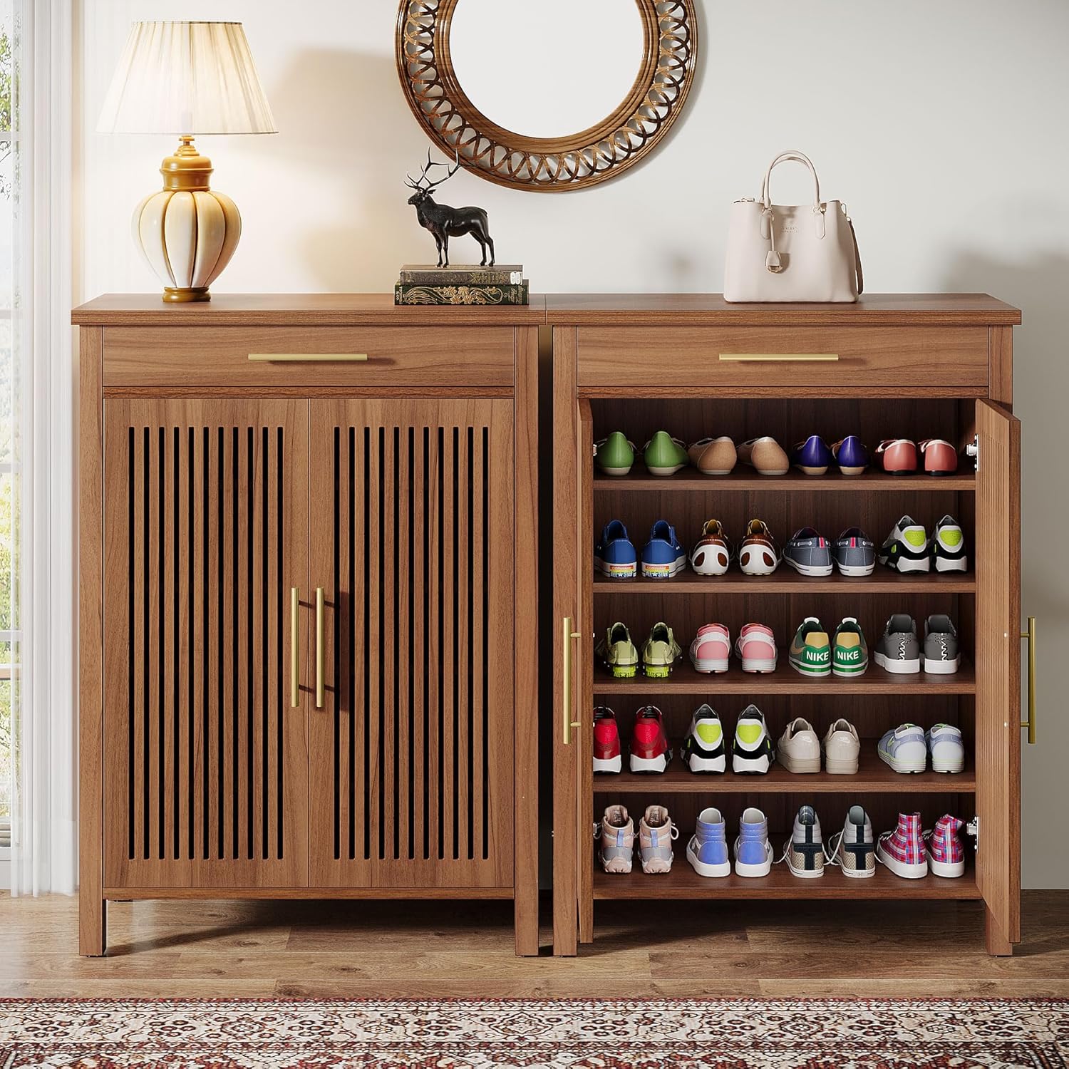 5-Tier Shoe Storage Cabinet with Louvered Doors and Drawer