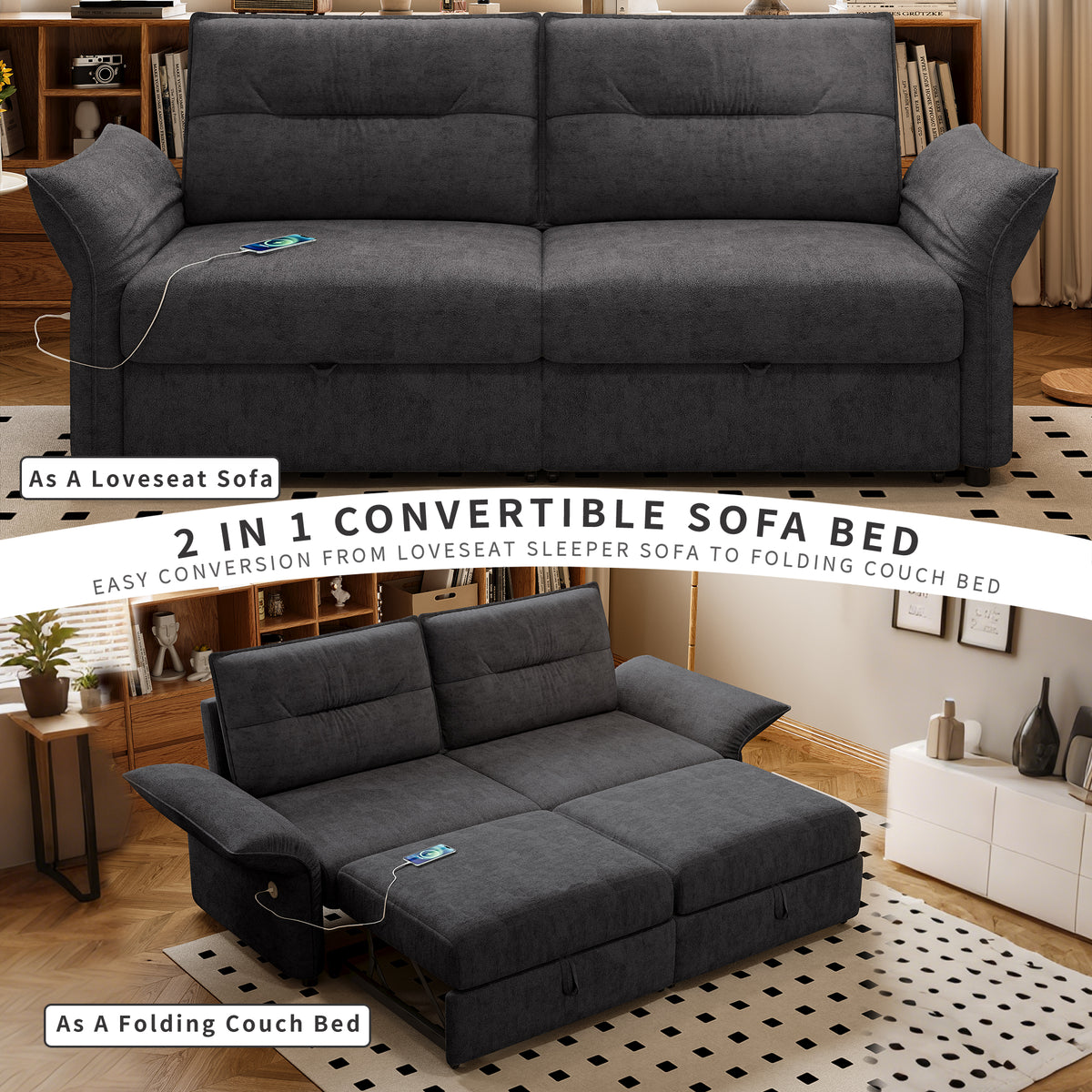 Multi-Functional Sofa Bed with Plush Fabric