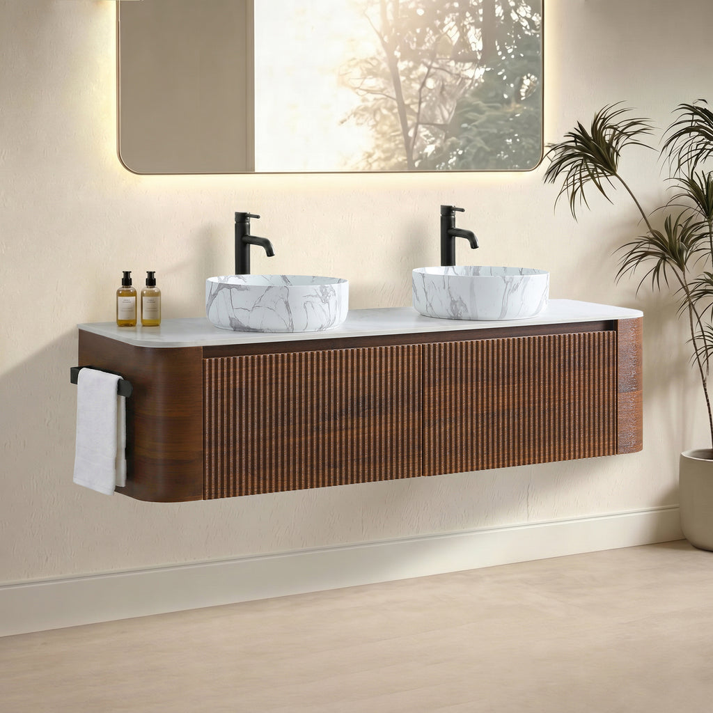 Erba 60-Inch Double Sink Bathroom Vanity, Walnut with Carrara White Ceramic