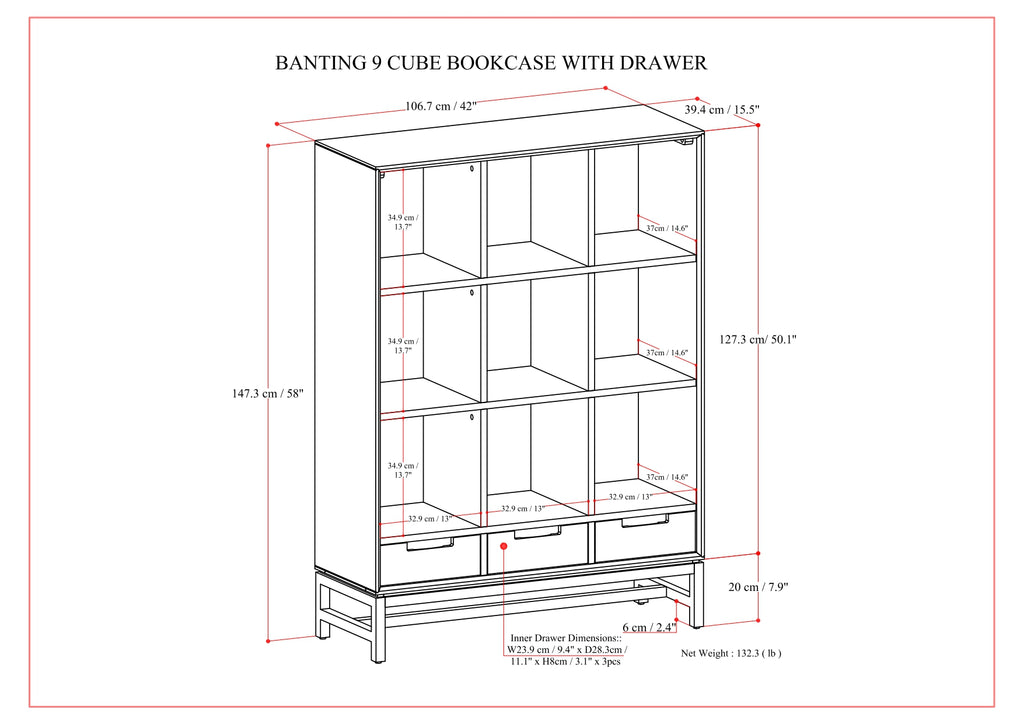 Banting 9 Cube Bookcase with Drawers
