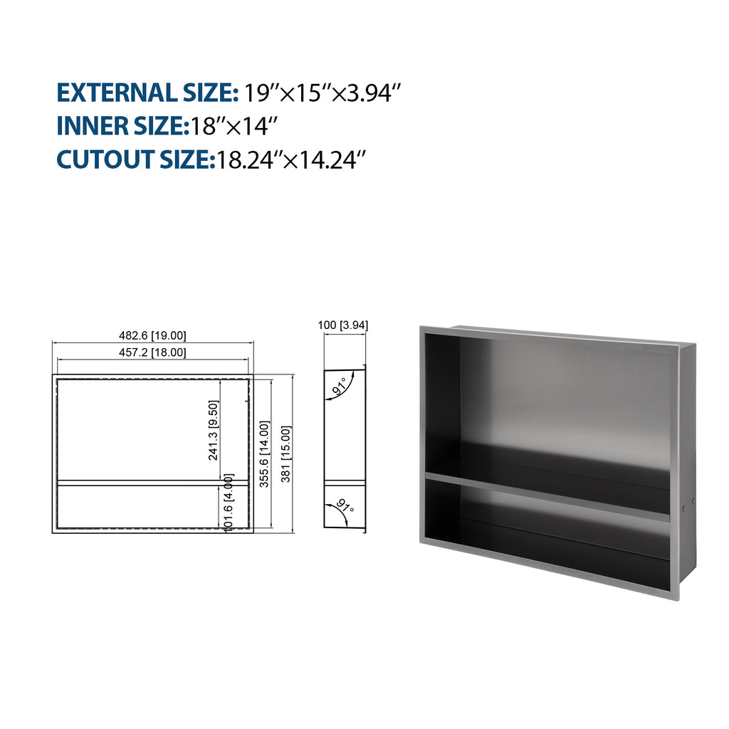 19" x 15" Stainless Steel Shower Niche Double Shelf, Gunmetal