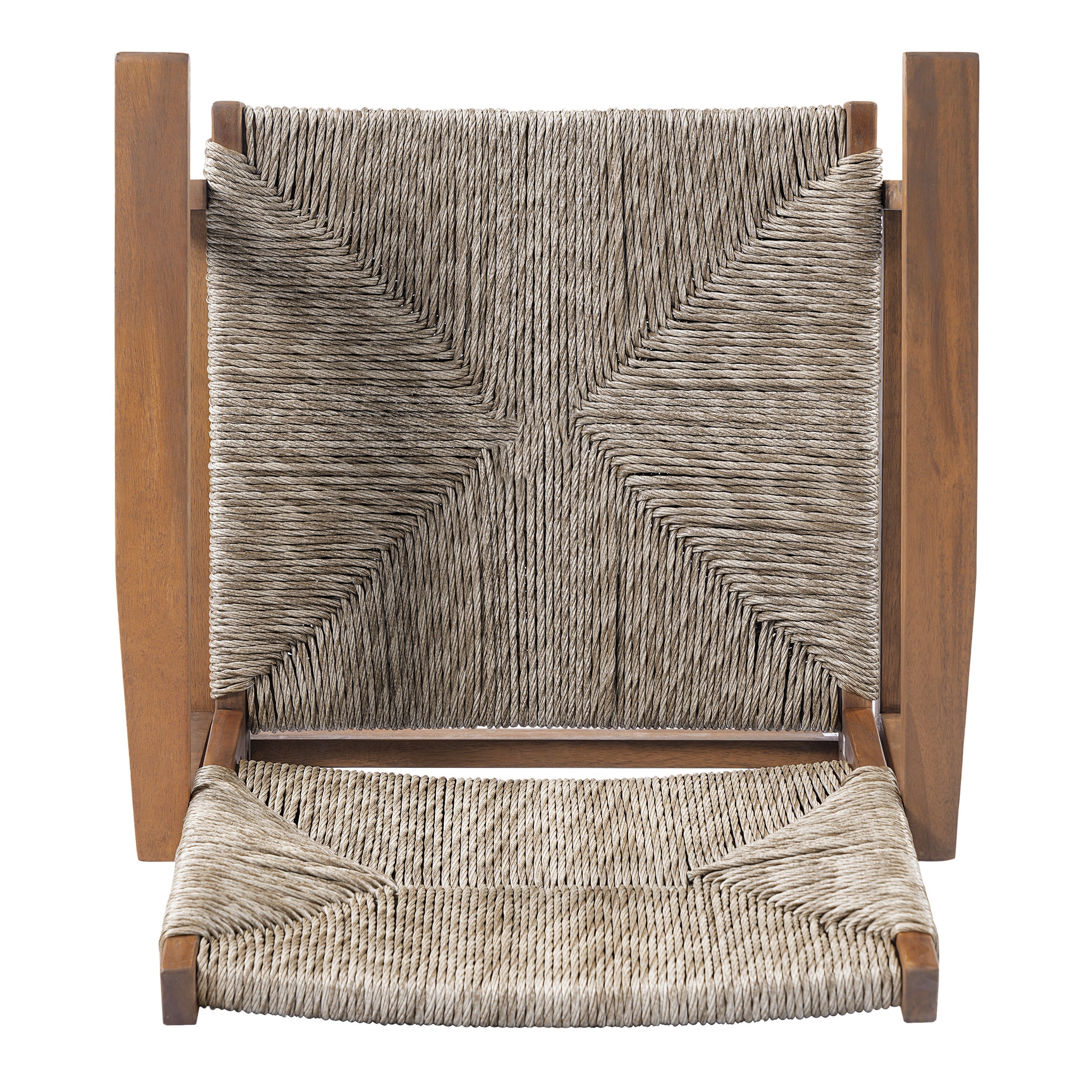 5-Piece Outdoor Dining Set: Brown Round Acacia Wood Table & 4 Brown Wicker Armchairs