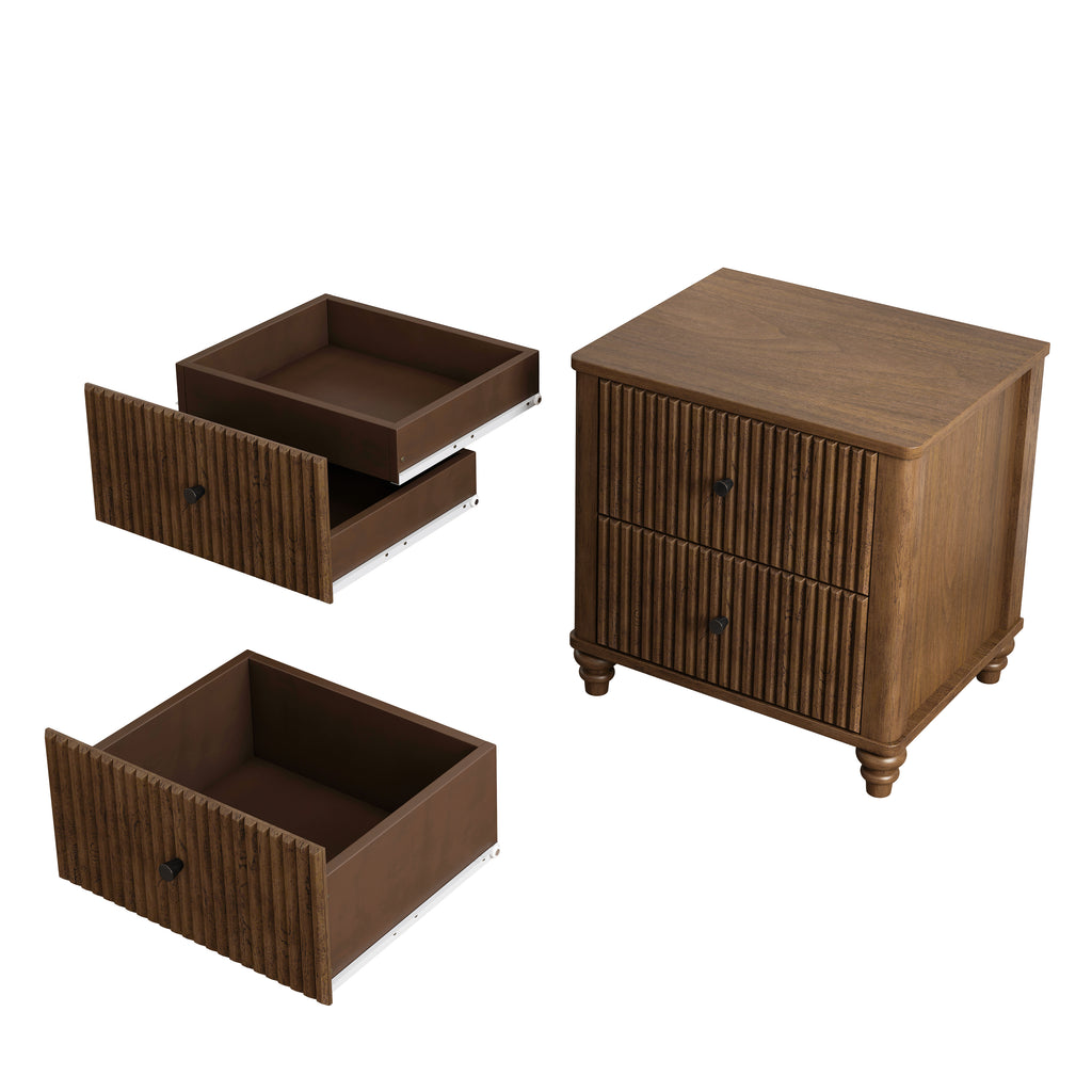 Fluted Nightstand, 21.65-Inch Wide with 3 Drawers, Mid Century Modern, Walnut