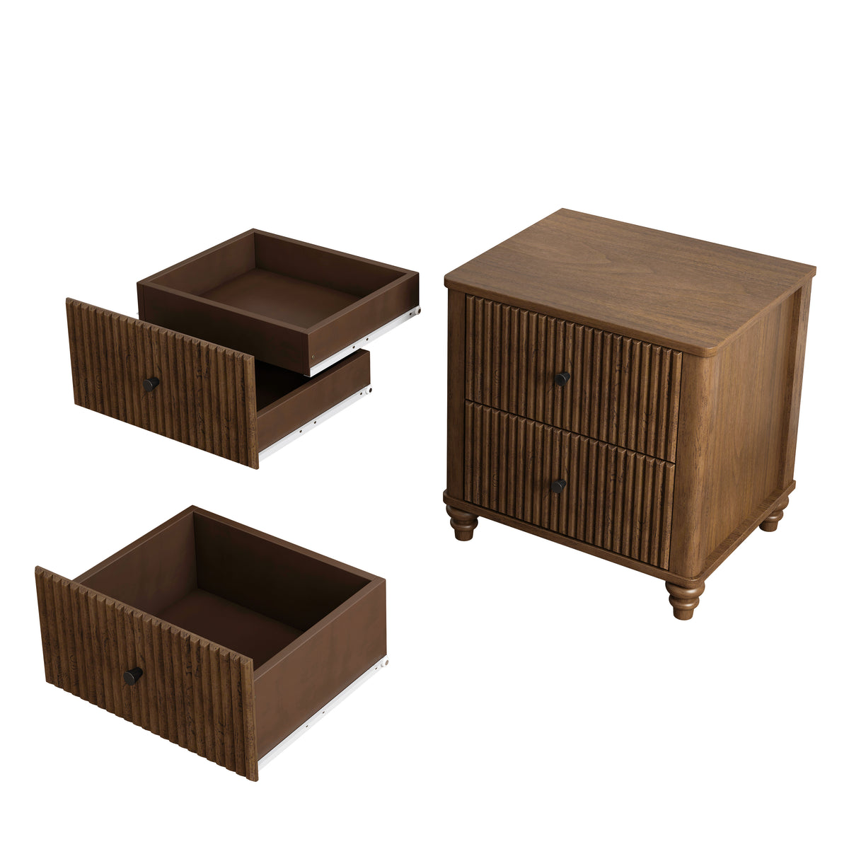 Fluted Nightstand, 21.65-Inch Wide with 3 Drawers, Mid Century Modern, Walnut