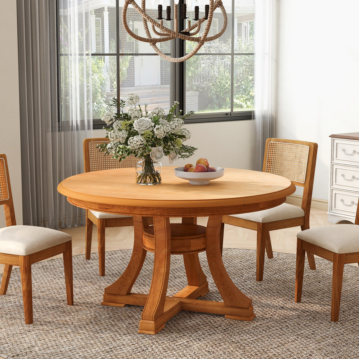 5-Piece Round Extendable Dining Set with Rattan Chairs
