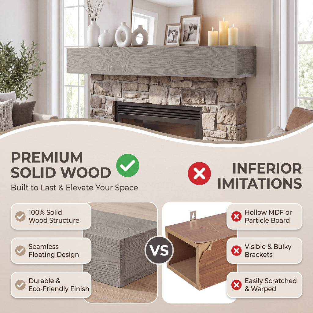 60-Inch Rustic Embossed Wood Fireplace Mantel, Wall-Mounted Floating Shelf, Gray
