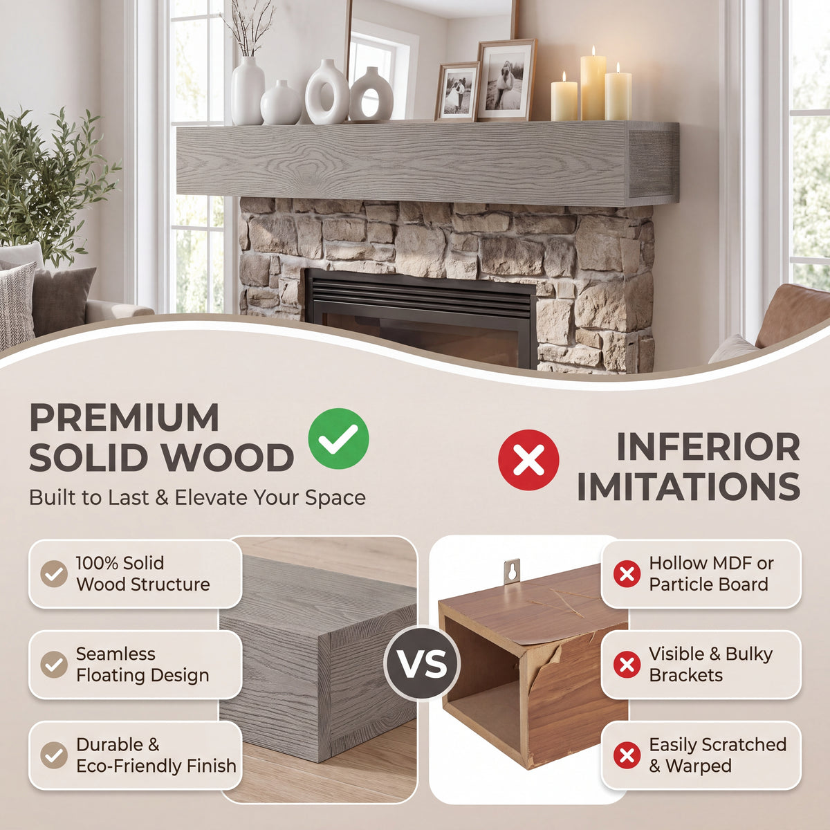 60-Inch Rustic Embossed Wood Fireplace Mantel, Wall-Mounted Floating Shelf, Gray