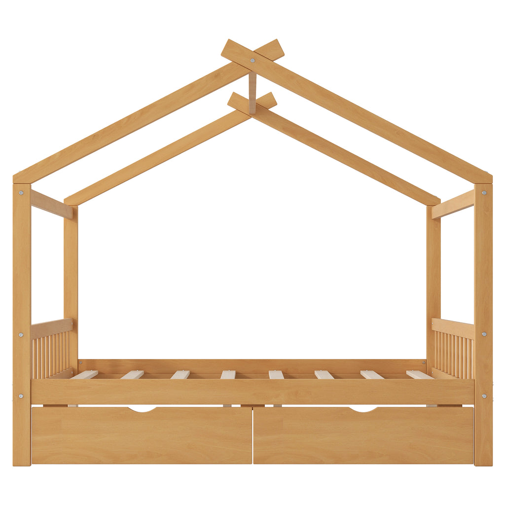 Full Size House Platform Bed with Two Drawers, Headboard and Footboard, Roof Design