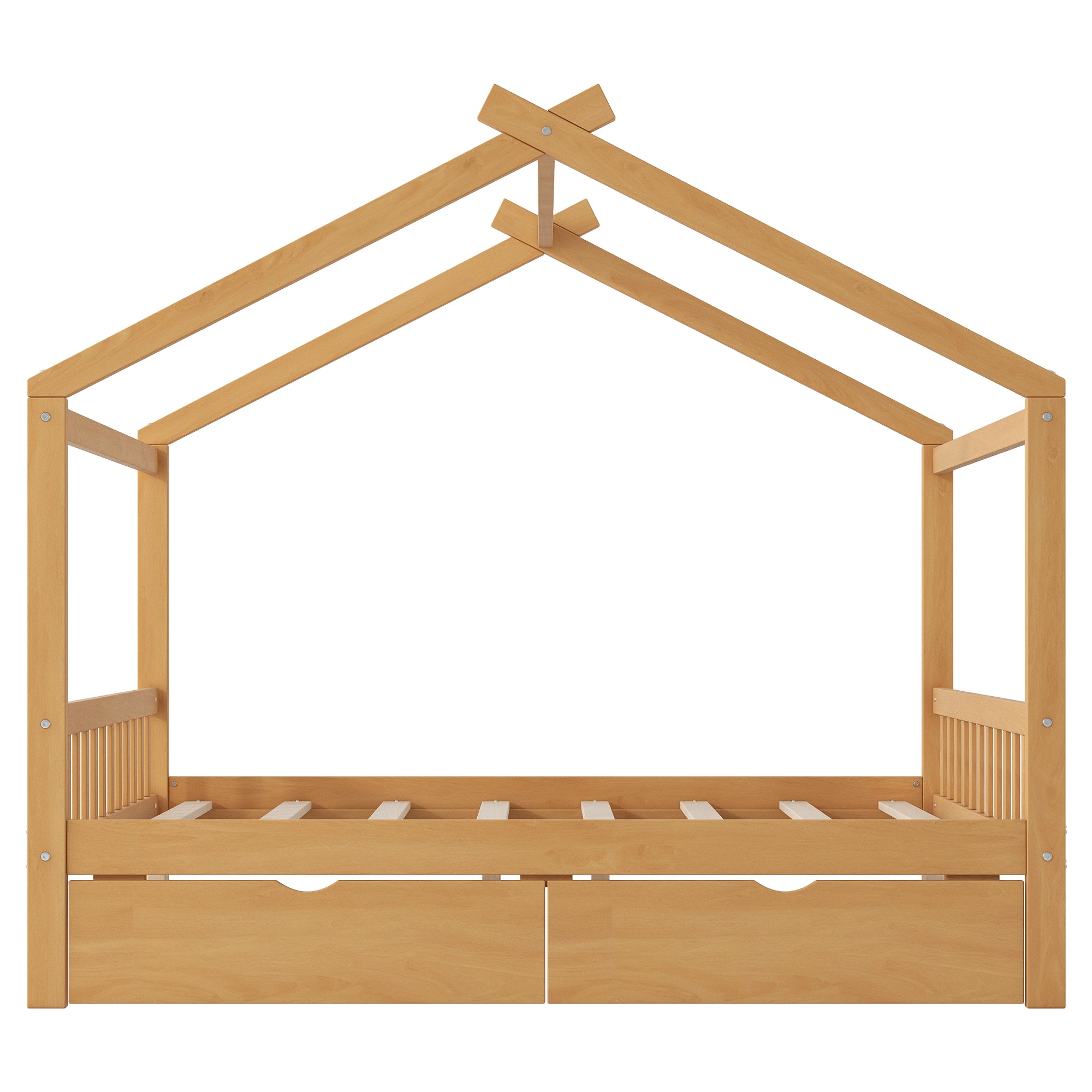 Full Size House Platform Bed with Two Drawers, Headboard and Footboard, Roof Design