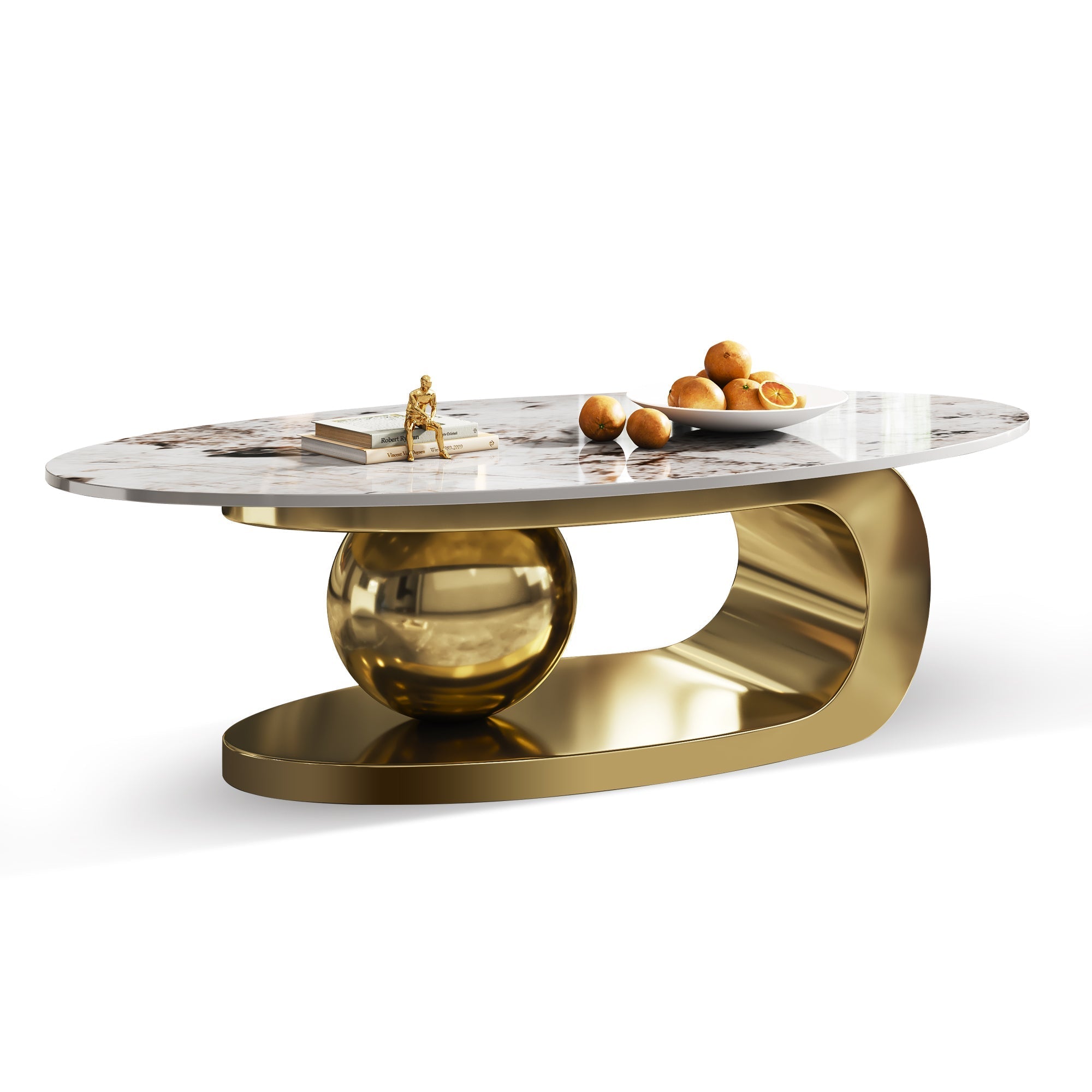 49.2 Inches Oval Faux Marble Coffee Table for Living Room with Stainless Steel Base