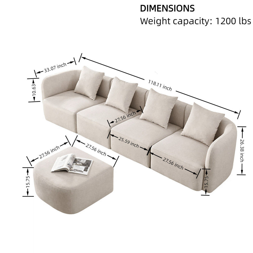 118" Modular Sectional Sofa, Velvet L Shaped Couch with Ottoman