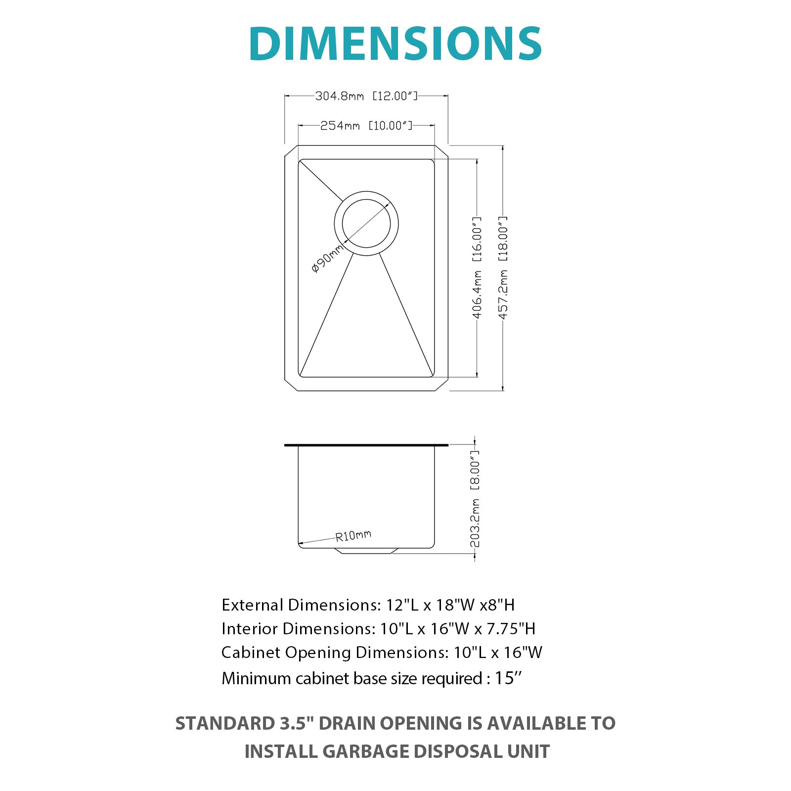 12 Inch Undermount Sink - 12" x 18" x 8" Stainless Steel
