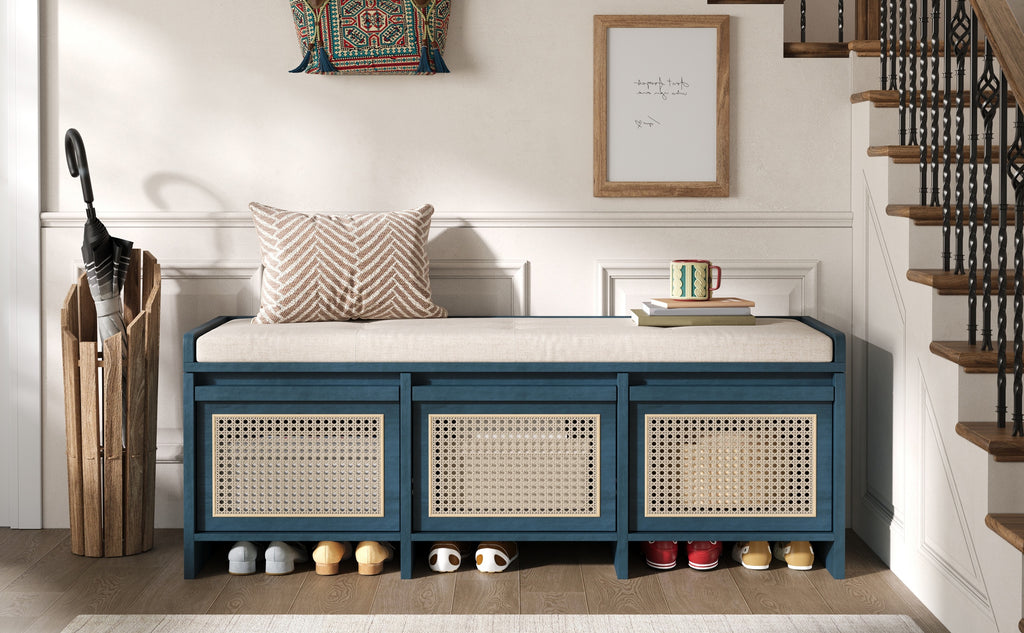 TREXM 48" Entryway Shoe Bench, Retro Style with Rattan Drawers