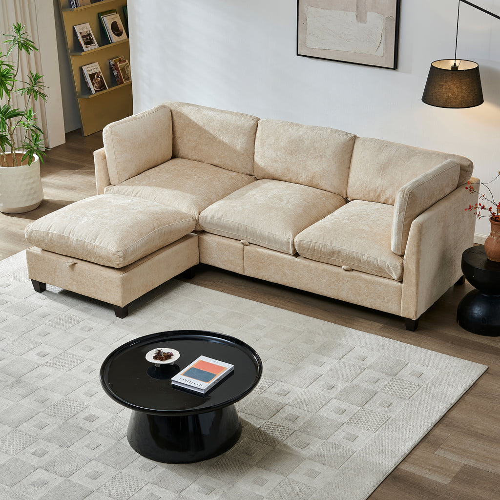 Soft Chenille 3-Seater Sectional Couch with Ottoman