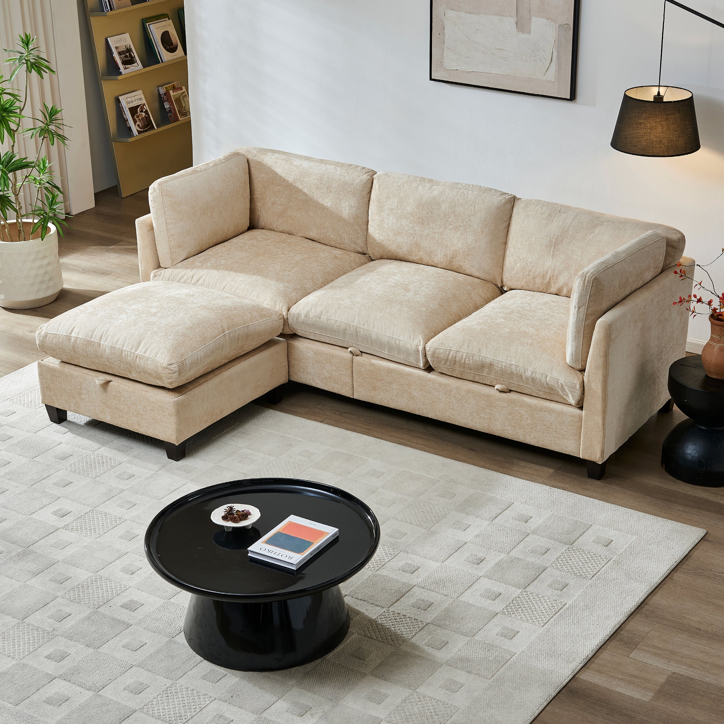 Soft Chenille 3-Seater Sectional Couch with Ottoman