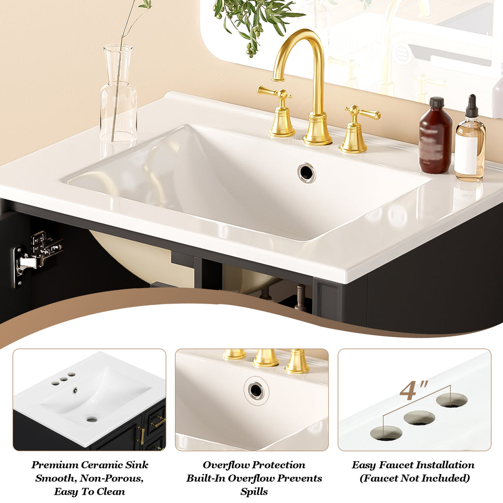 24" Modern Bathroom Vanity with Ceramic Sink, Soft-Close Door, 3 Drawers