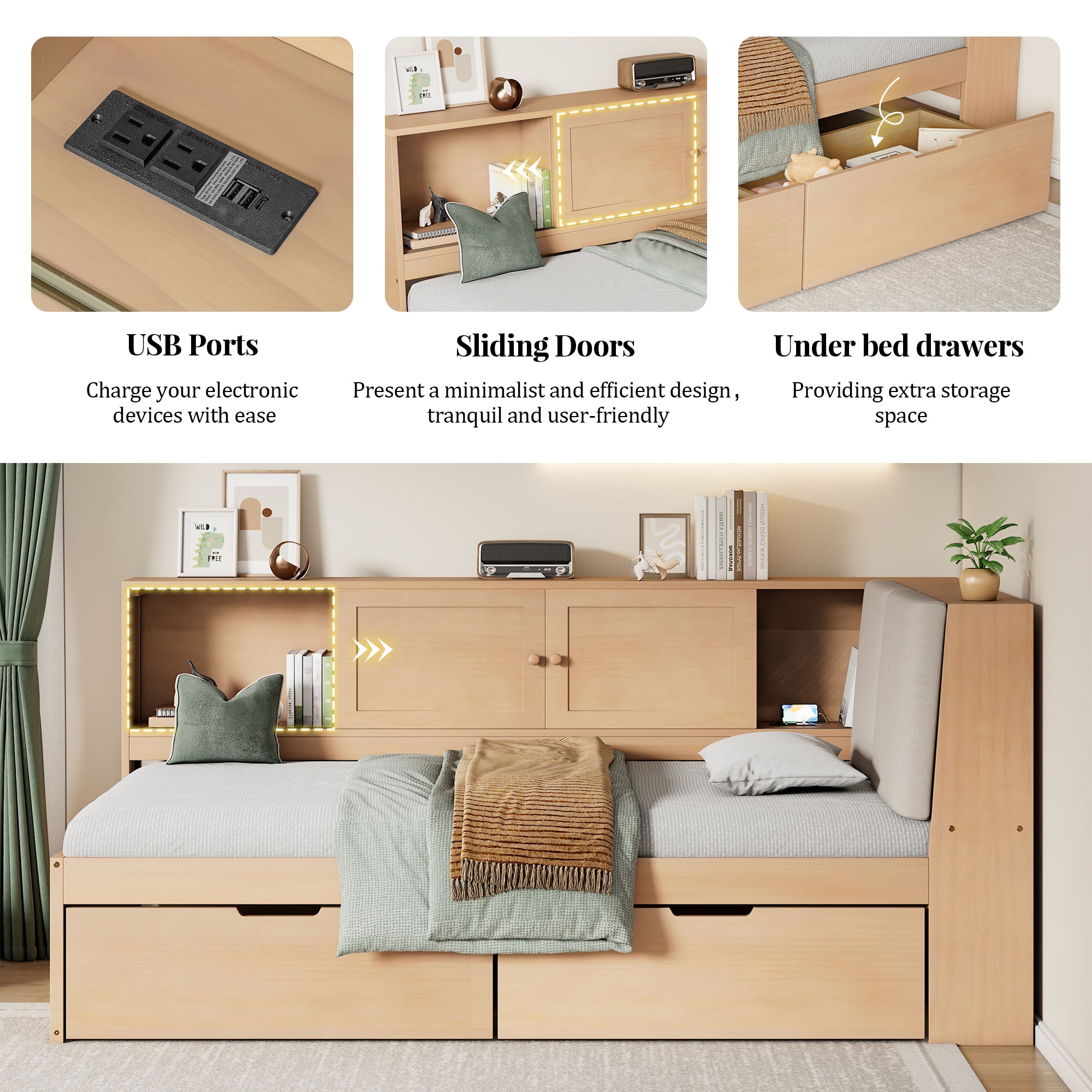 Wooden Twin Size L-shaped Daybed with Storage Bookcase
