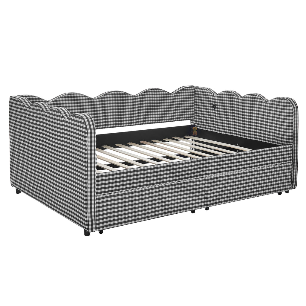 Full Size Cozy Gingham Daybed with Two Storage Drawers
