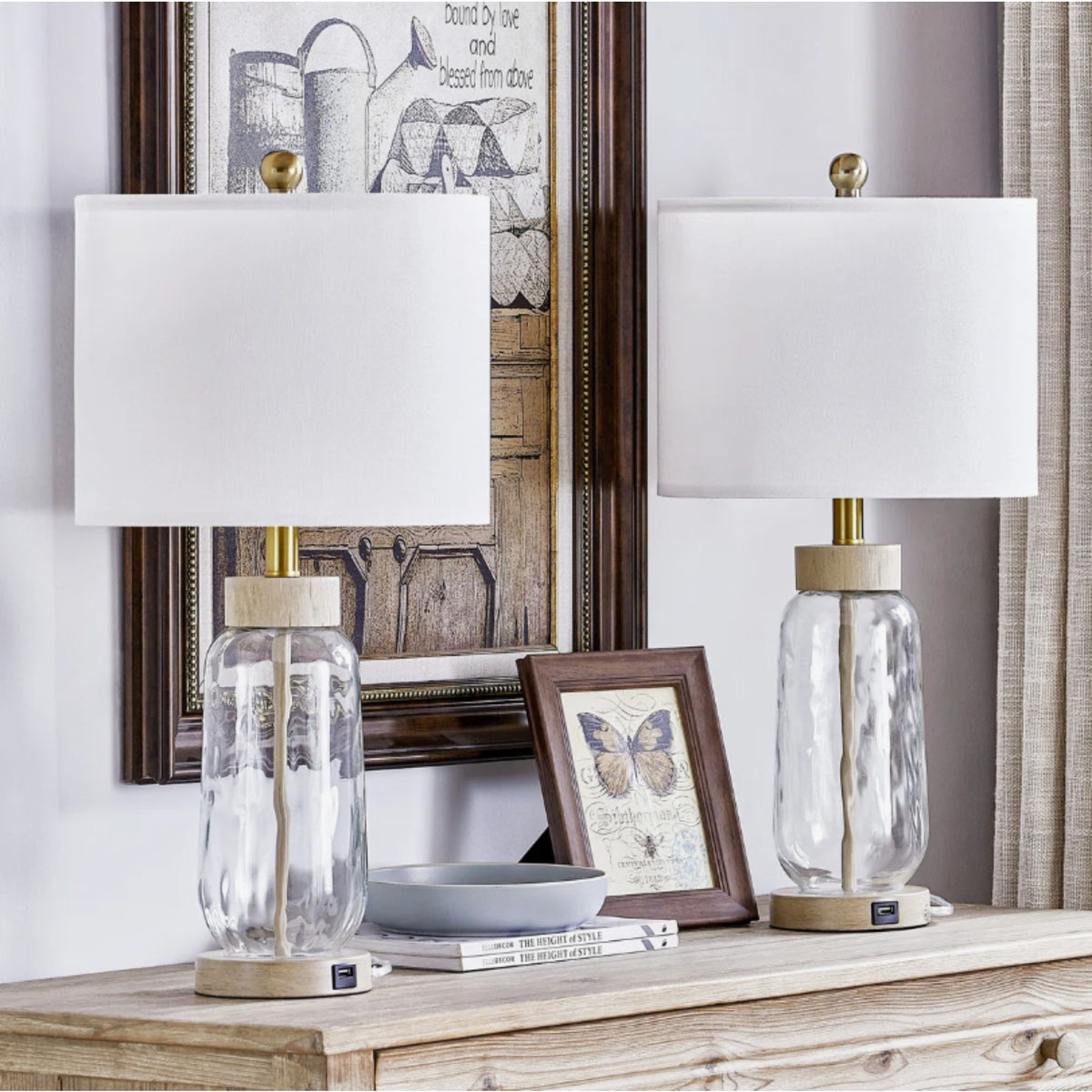 24-Inch Bohemian Dimmable Table Lamp, Clear Glass, Wood-Grain Base