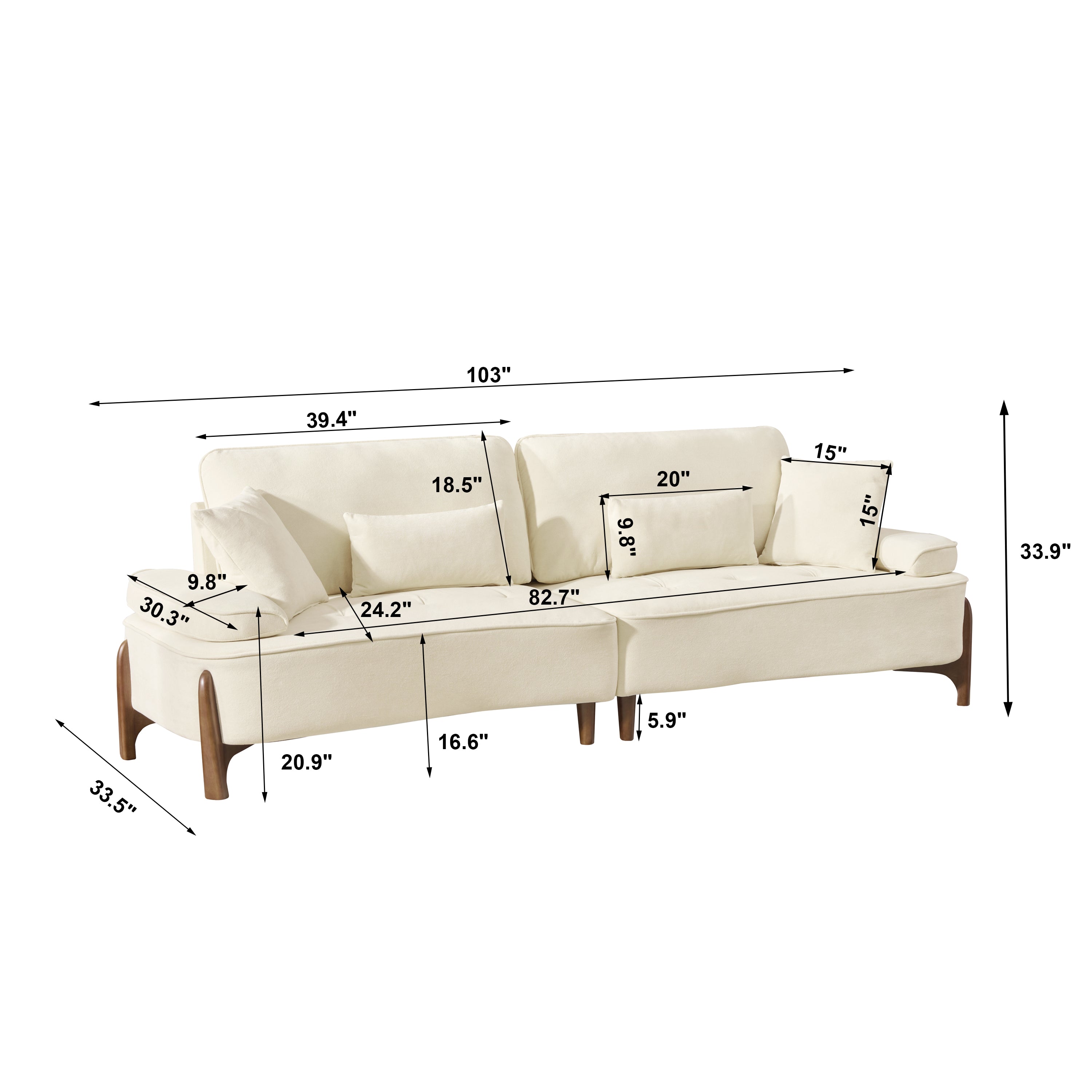 Comfortable 103 Inch Deep Seated Sofa with Pillow