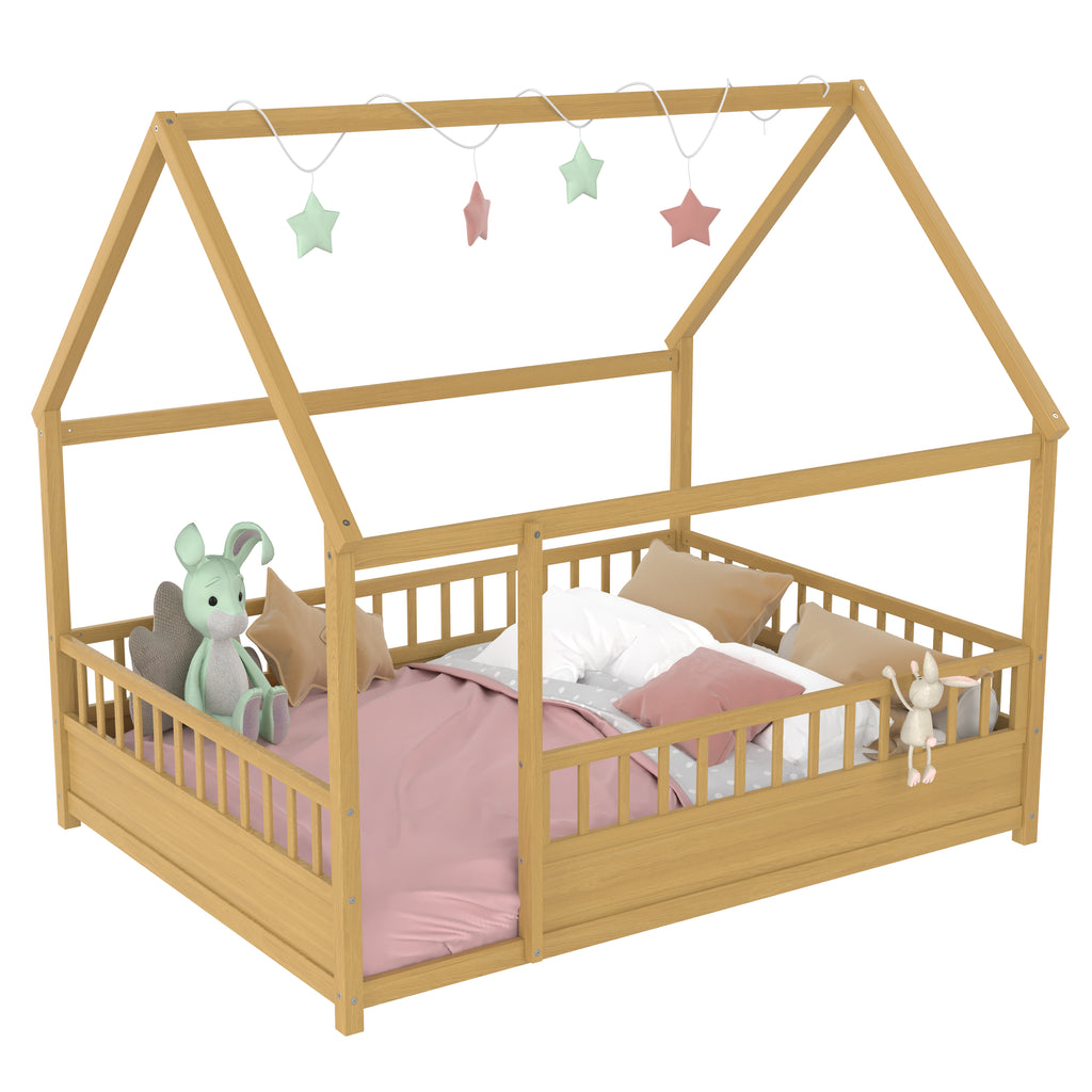 Full Size Floor Wooden Bed with House Roof Frame