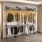Industrial Pipe Clothing Rack with LED Lights & Shelves