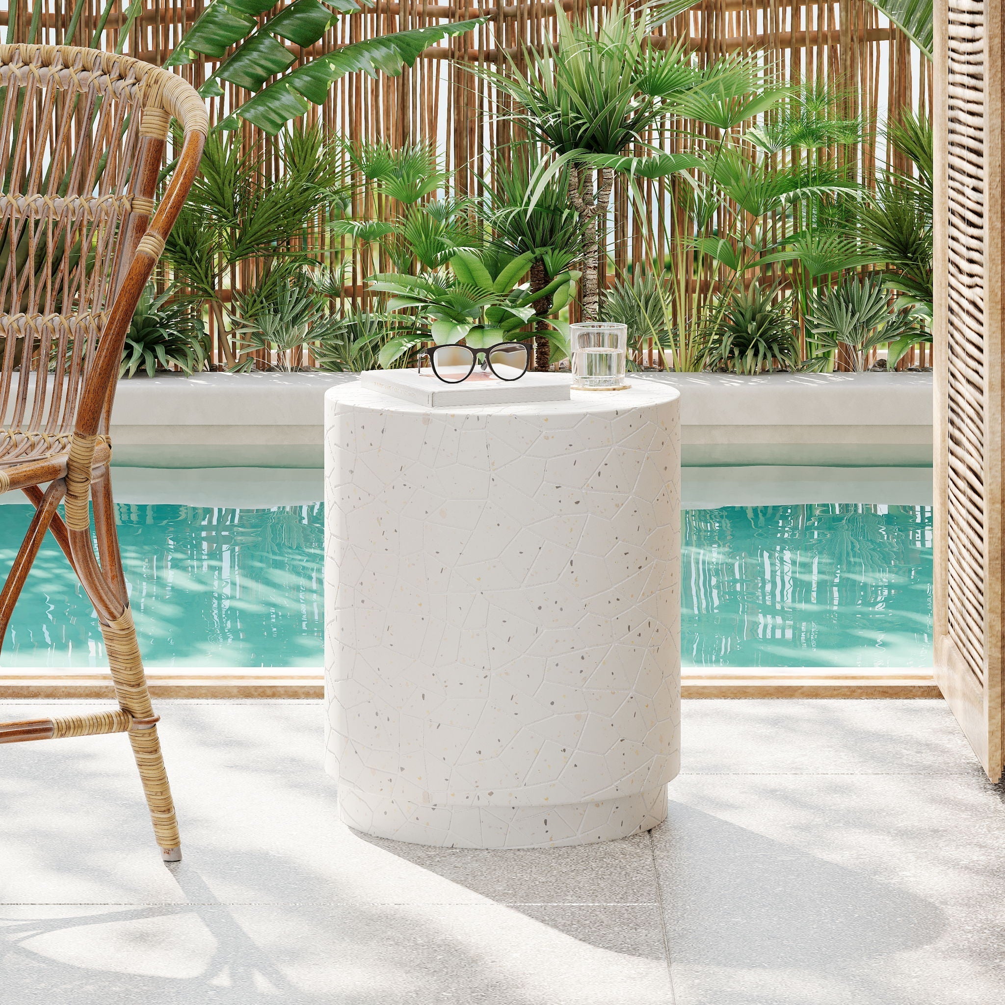 Outdoor Terrazzo Concrete Drum End Table - White Terrazzo