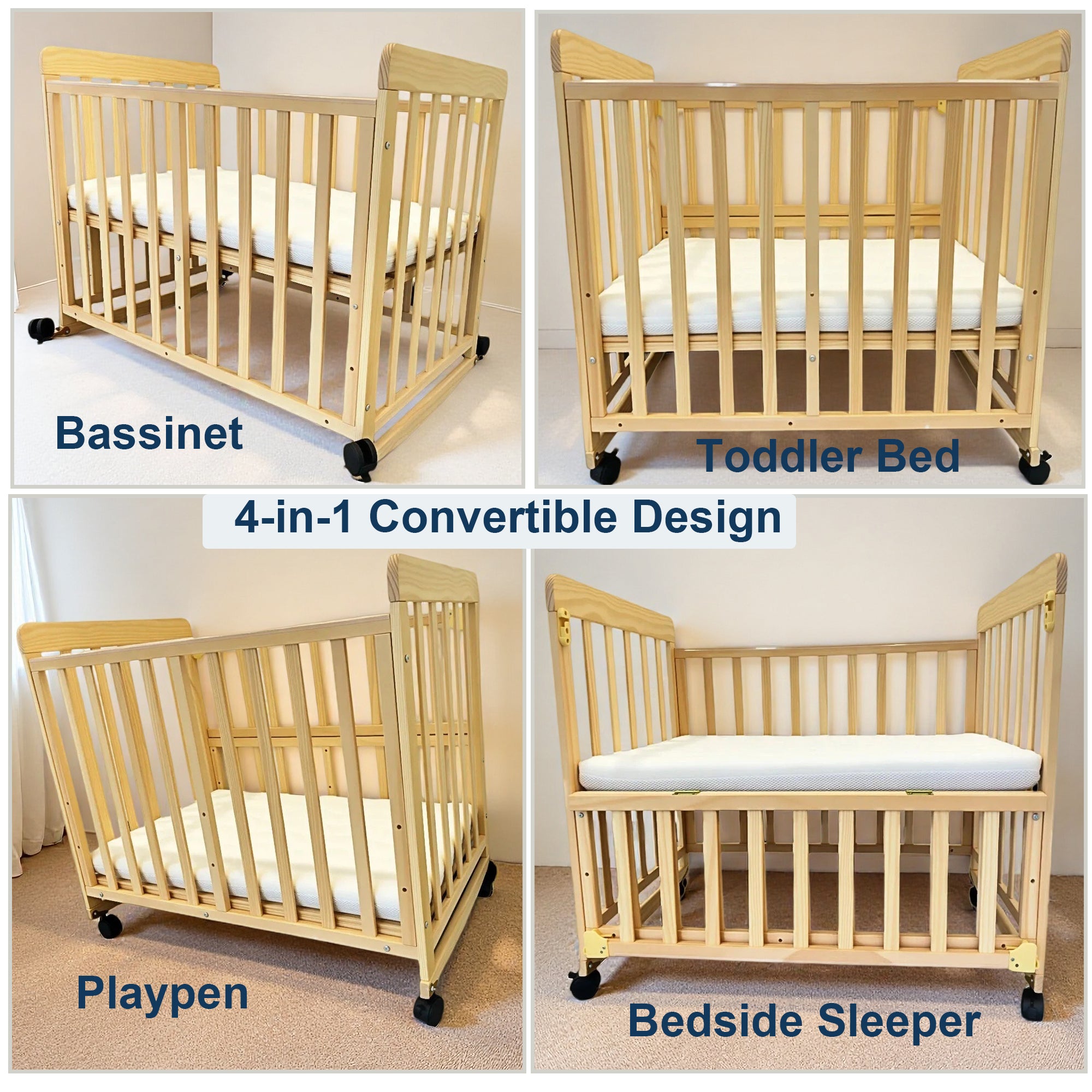 Portable Pine Wood Bedside Bassinet
