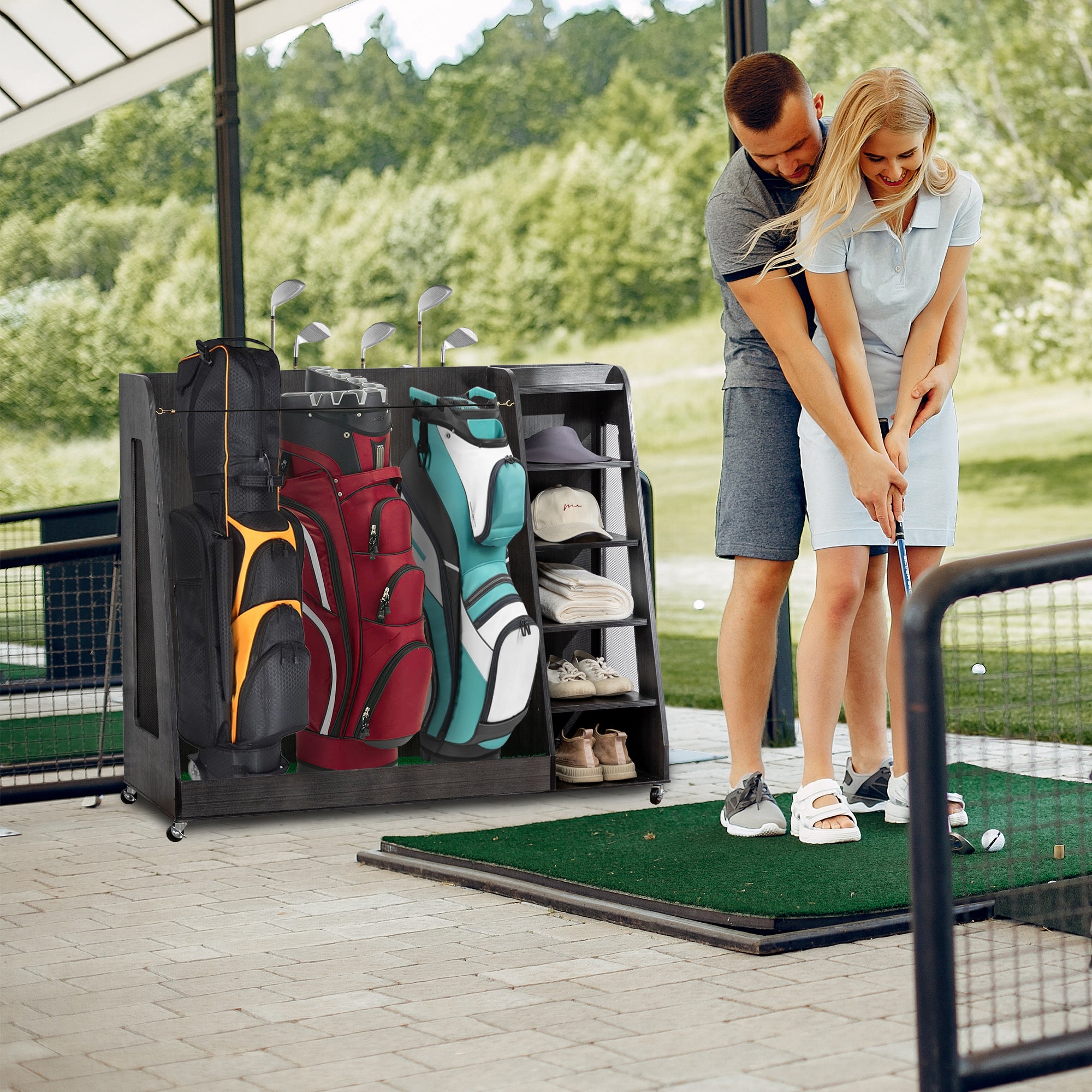 Gray Wooden Golf Bag Storage Rack with 3 Drawers