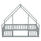 Twin Wood House-Shaped Floor Bed with Fence, Guardrails