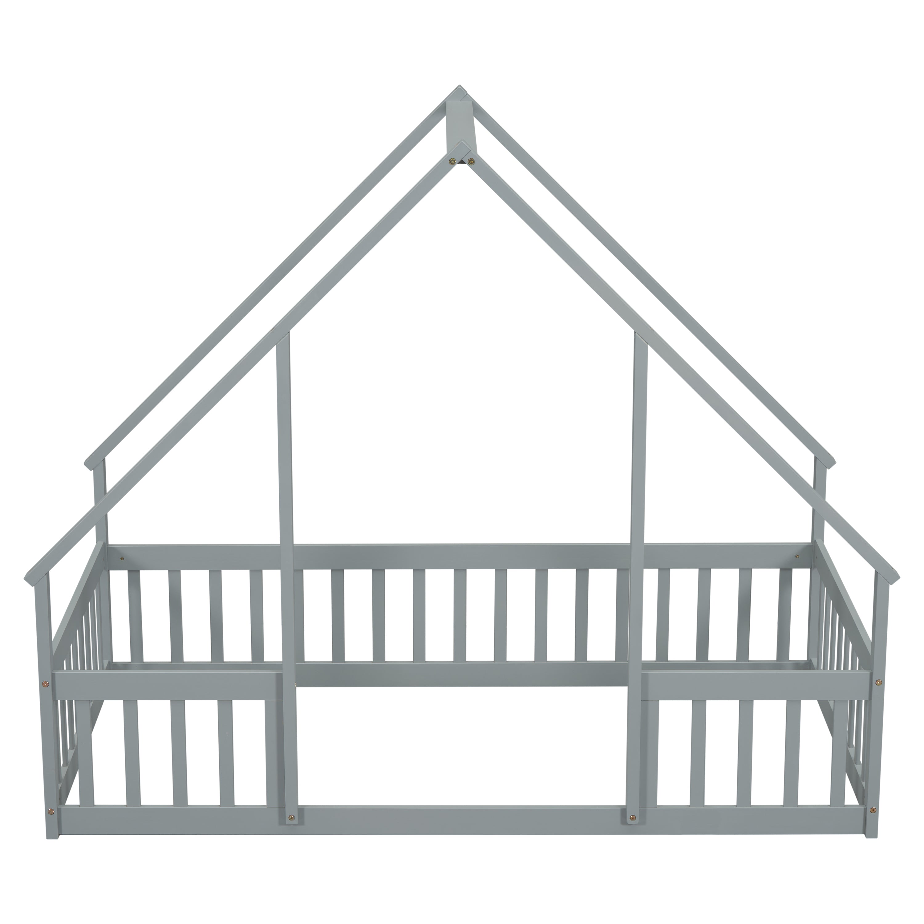 Twin Wood House-Shaped Floor Bed with Fence, Guardrails