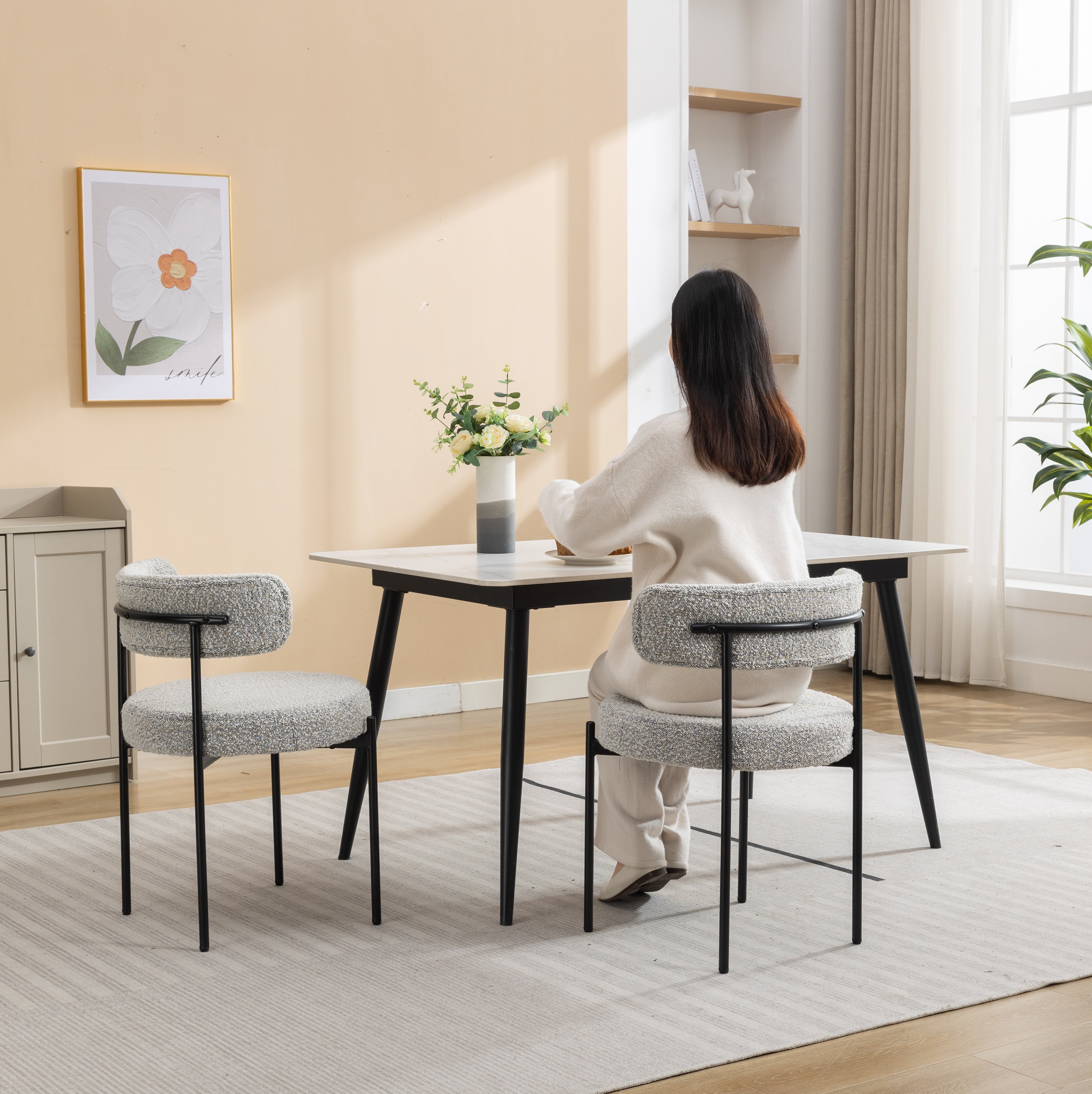 Burbank Modern Round Boucle Dining Chairs, Set of 2