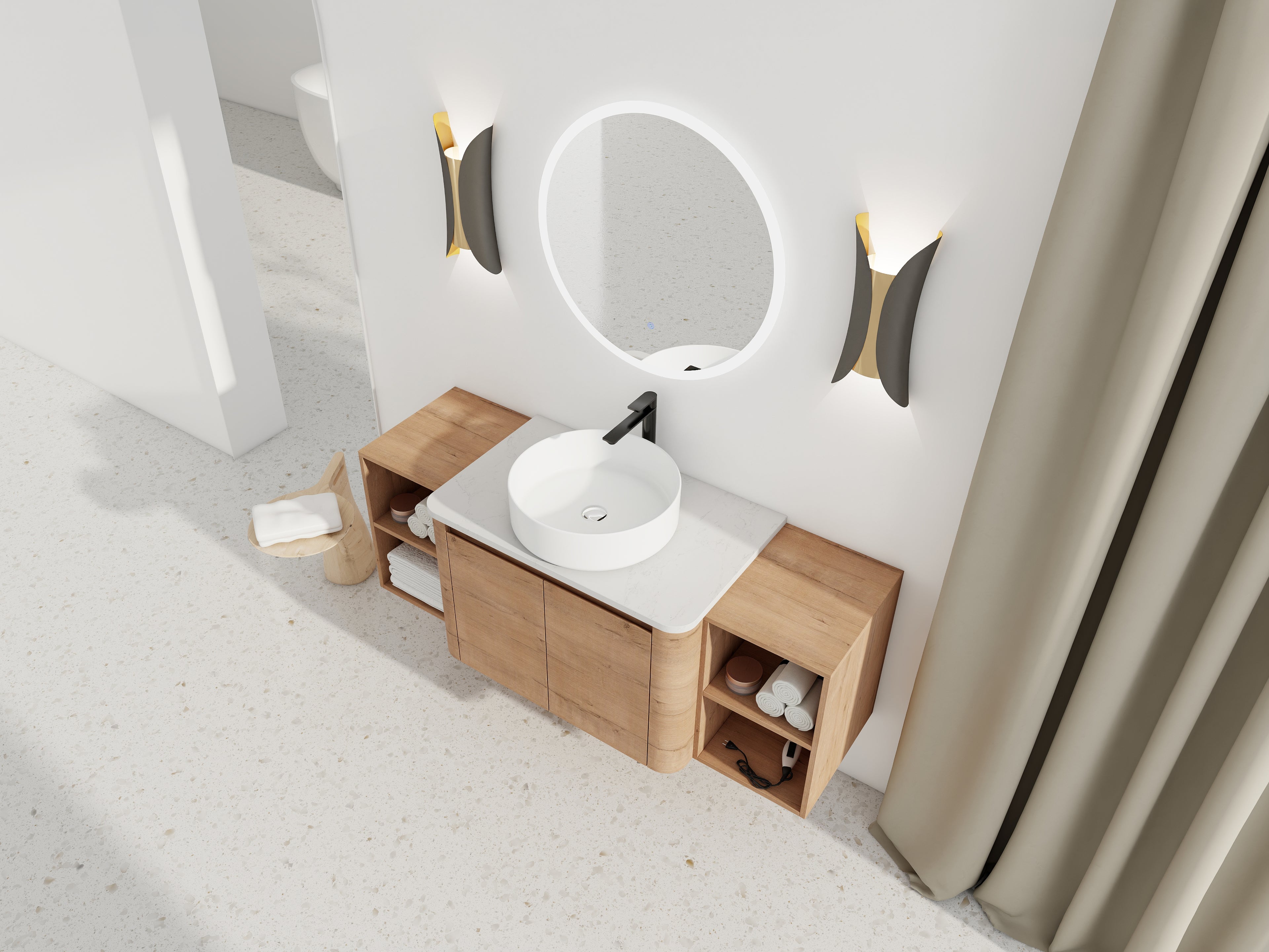 54" Wall-Mounted Bathroom Vanity with Ceramic Art Sink