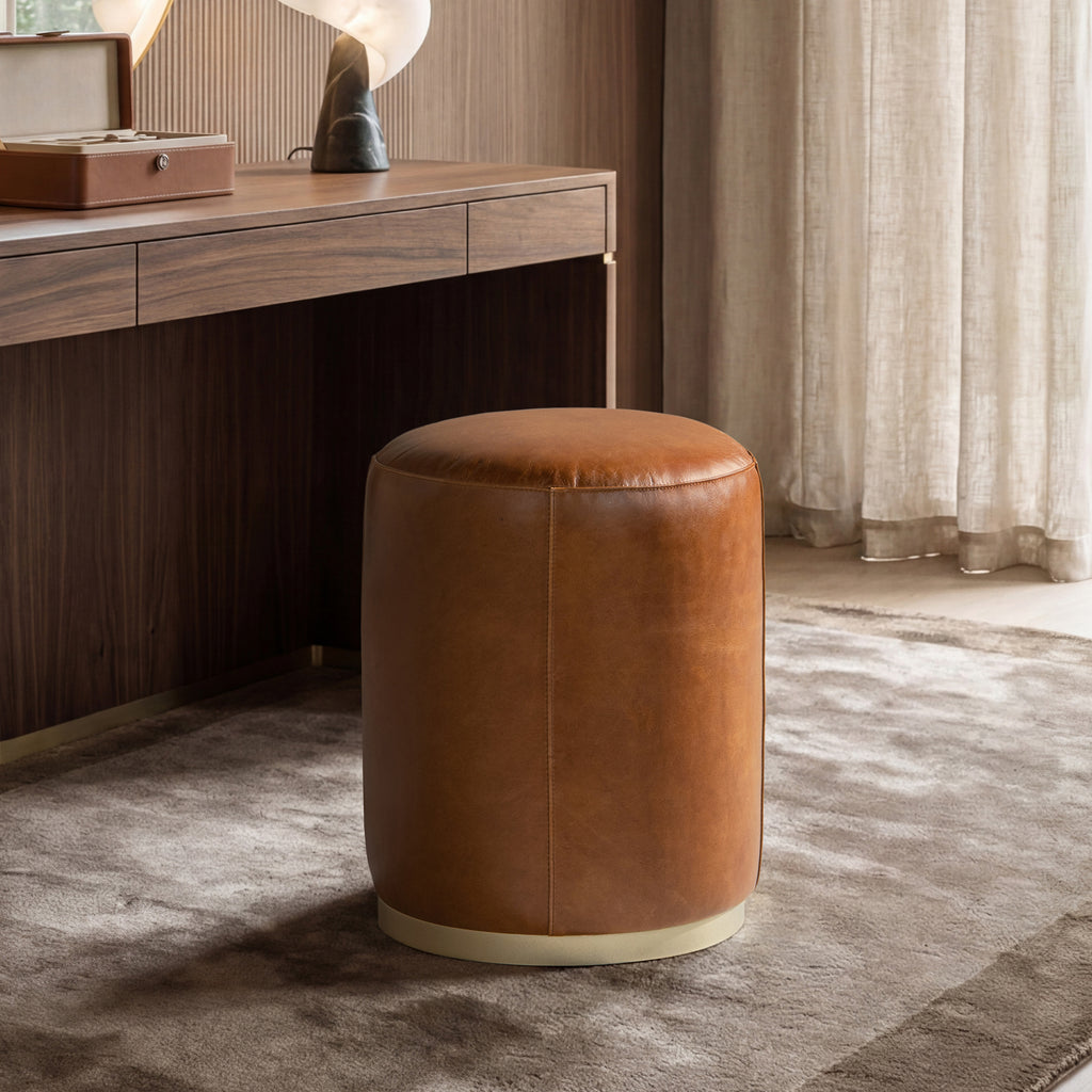 Nico 16" Round Leather Ottoman Stool, Camel