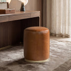 Nico 16" Round Leather Ottoman Stool, Camel