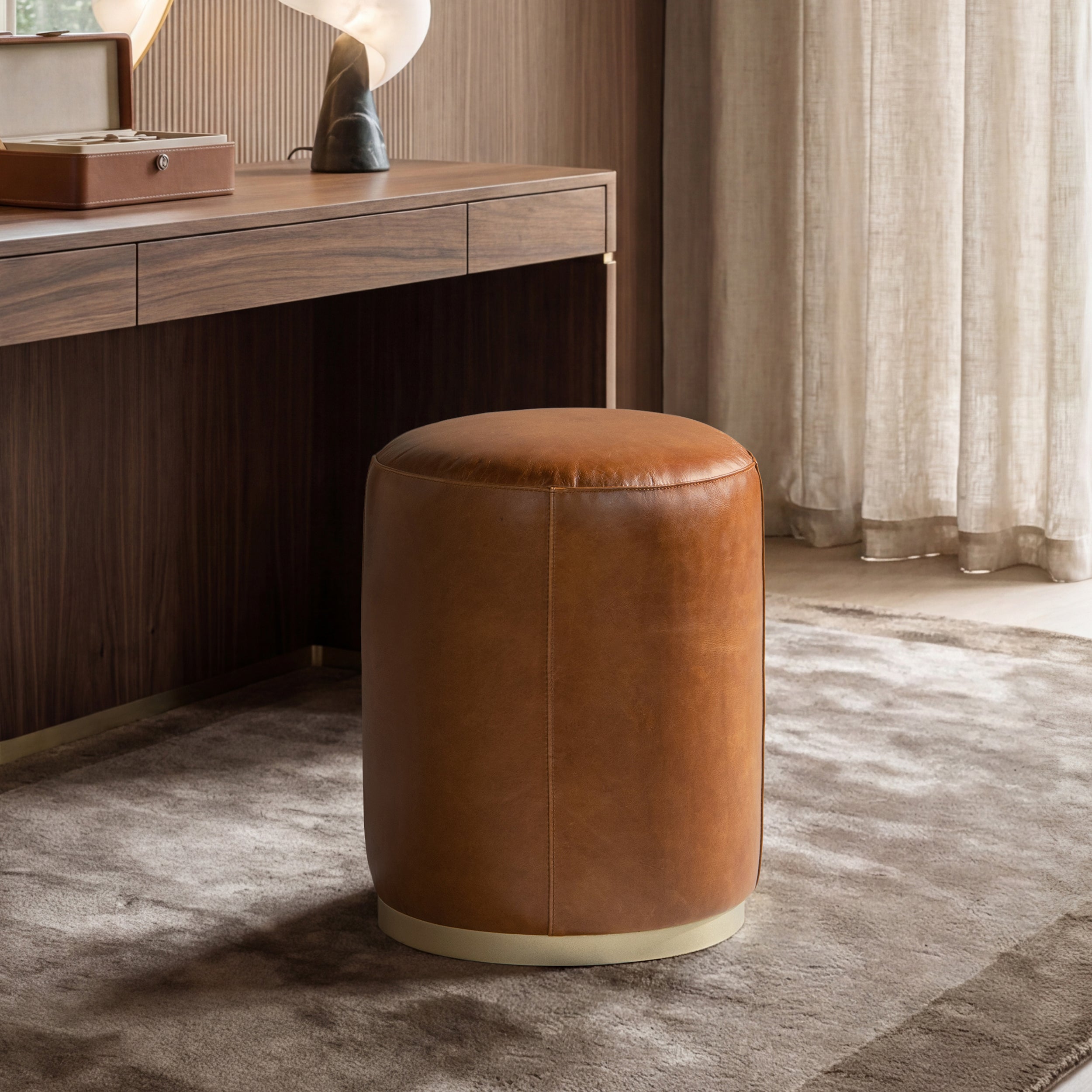 Nico 16" Round Leather Ottoman Stool, Camel