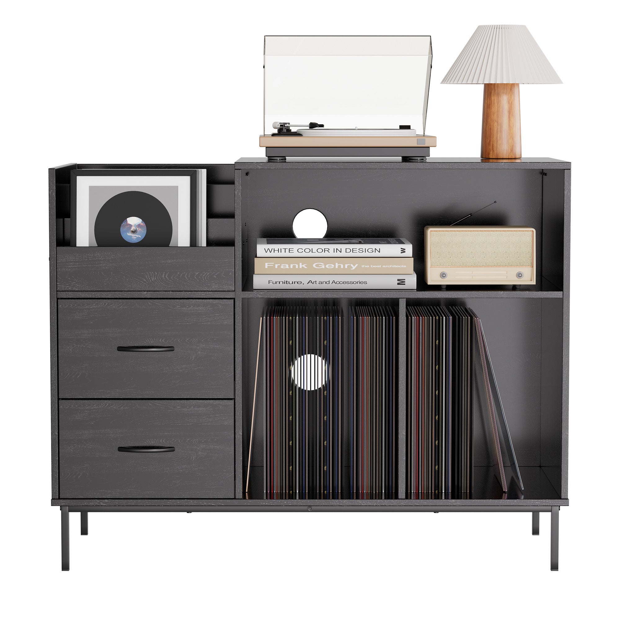 Record Player Stand with Power Outlet & Flip-Down Lid