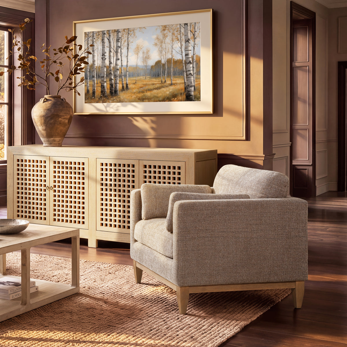 Knox 36" Modern Farmhouse Arm Chair, Stone Taupe Chenille