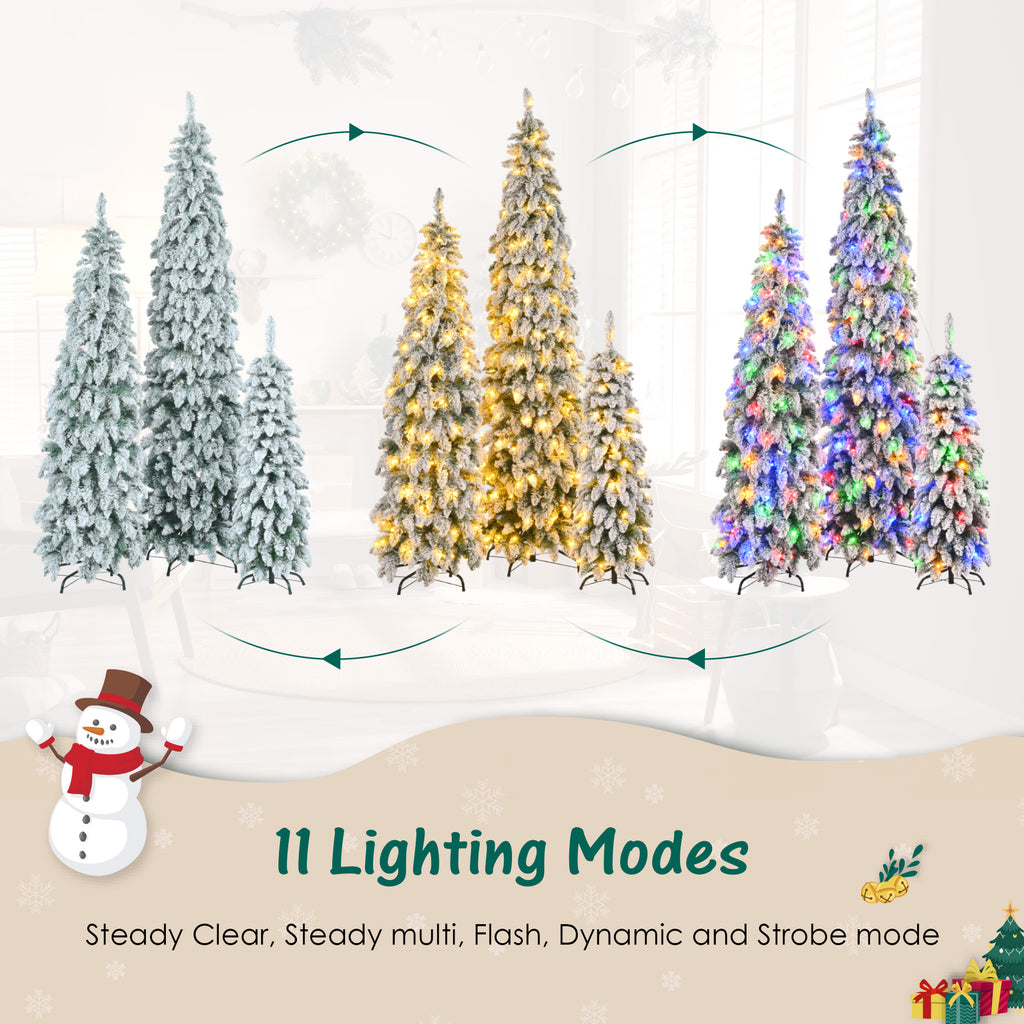 Pre-Lit Pencil Christmas Tree 3-Set, 4FT 6FT 8FT, Snow-Flocked, 290 LED Lights, 11 Modes