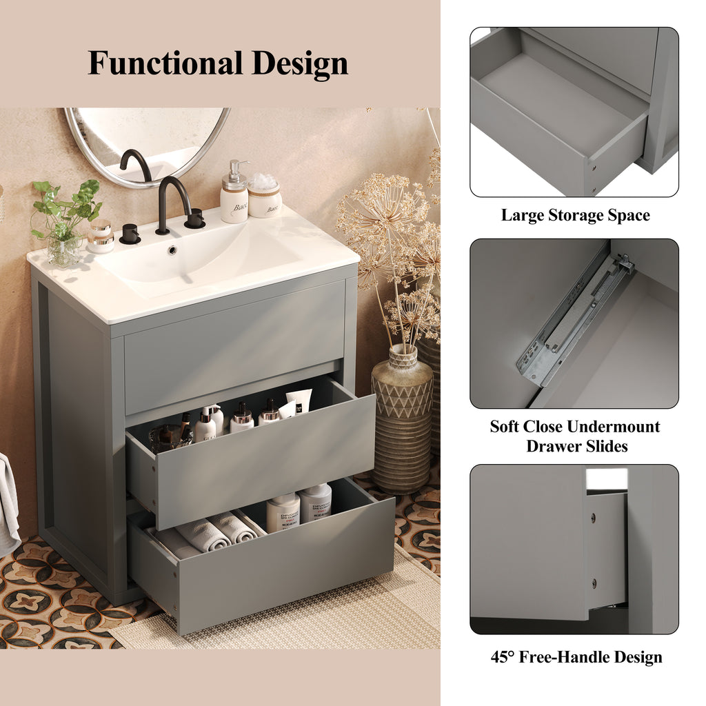 30" Bathroom Vanity with Ceramic Sink and 2 Full-Extension Drawers