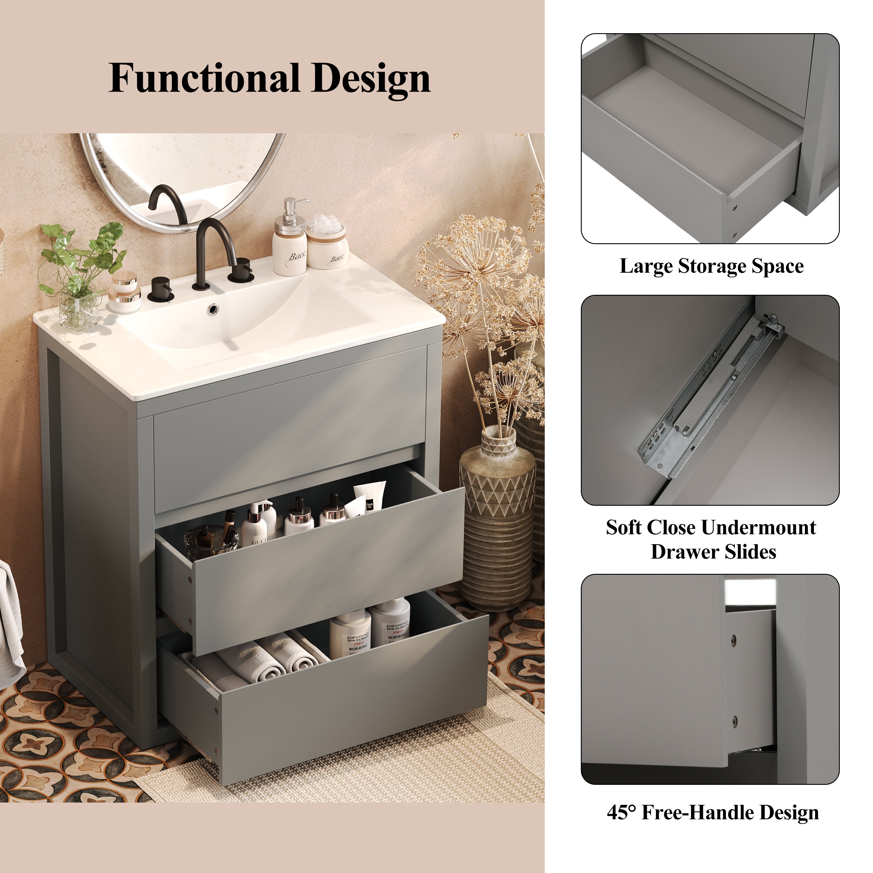 30" Bathroom Vanity with Ceramic Sink and 2 Full-Extension Drawers