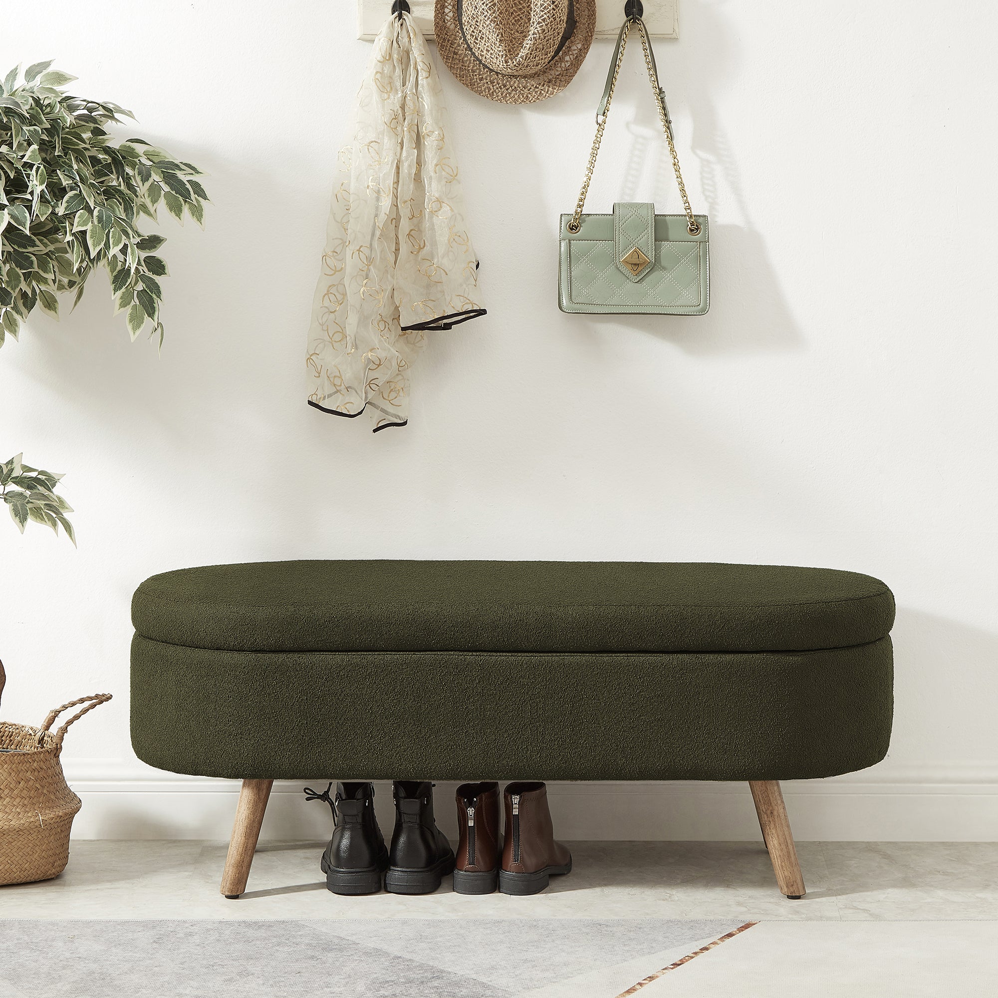 Luxury Oval Boucle Storage Ottoman Bench