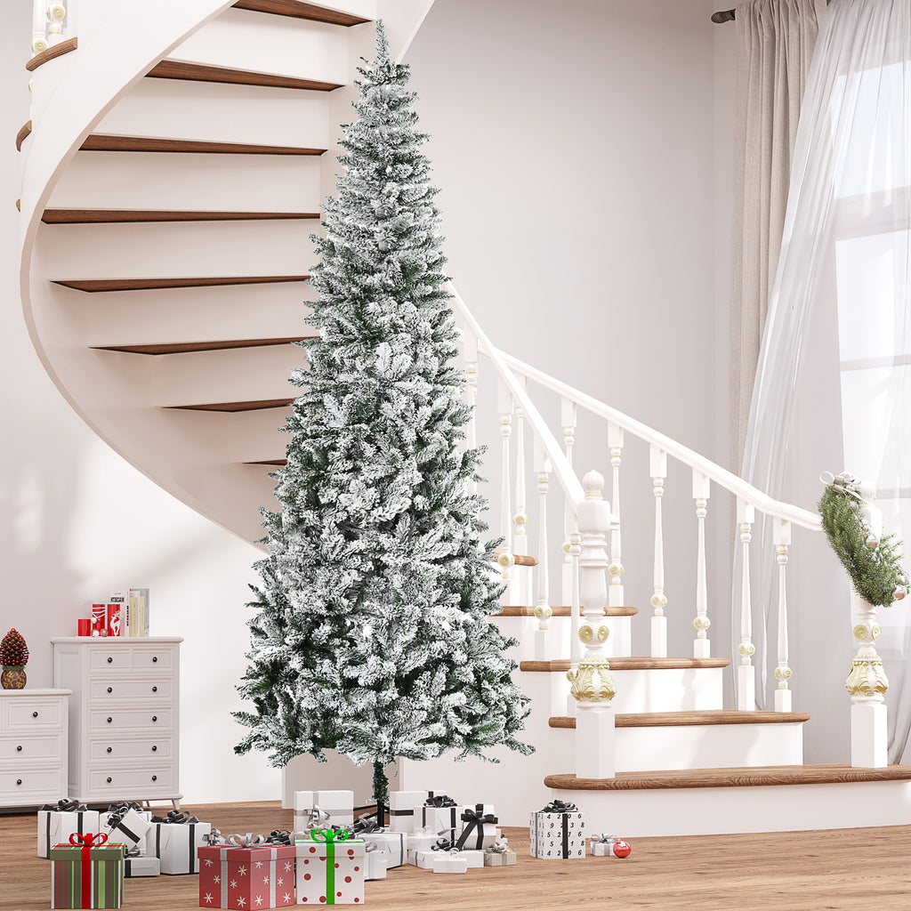 HOMCOM 9ft Unlit Snow-Flocked Slim Pine Christmas Tree