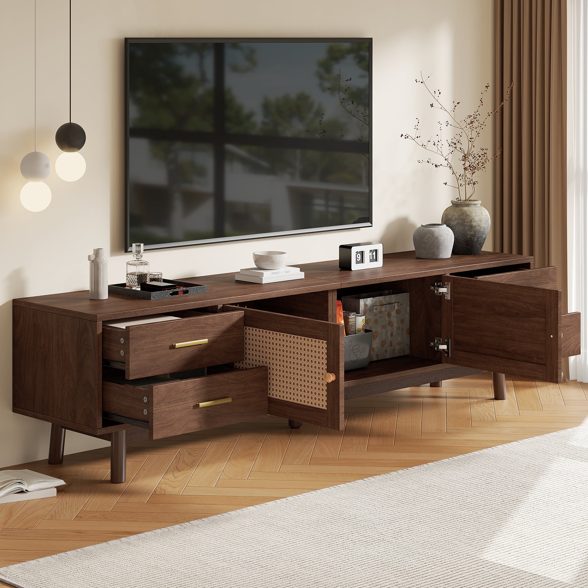 70-Inch Modern TV Stand with Rattan Doors