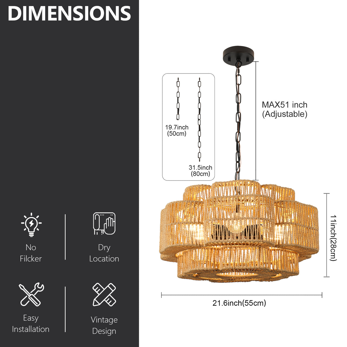 21.65-Inch 2-Tier Paper Rope Chandelier, Black Metal, 6-Light Pendant