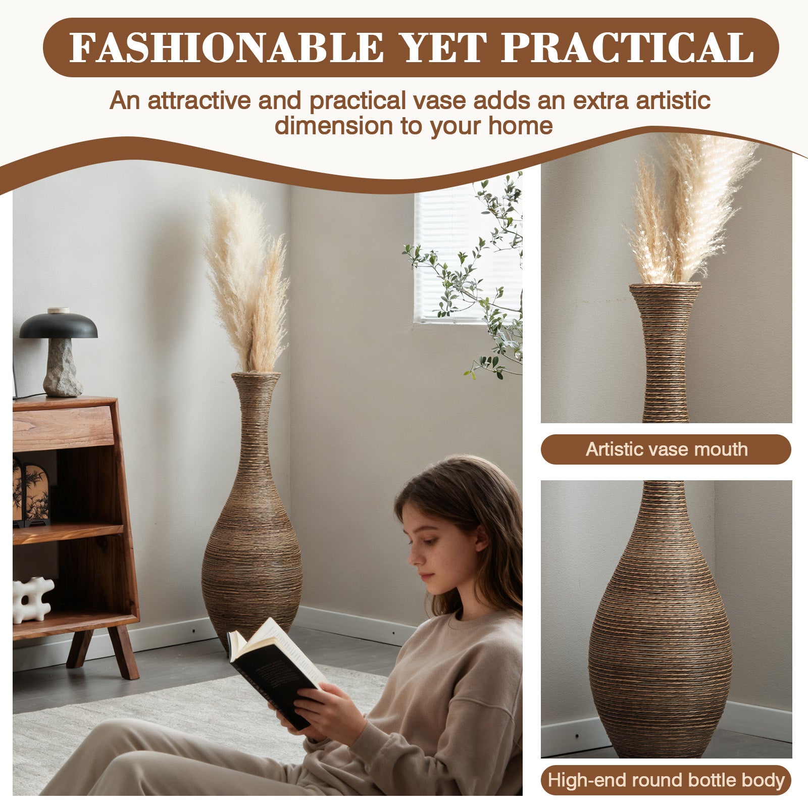 Hand-Woven PVC Rattan Floor Vase – 39.37 Inch Tall Decorative Vase