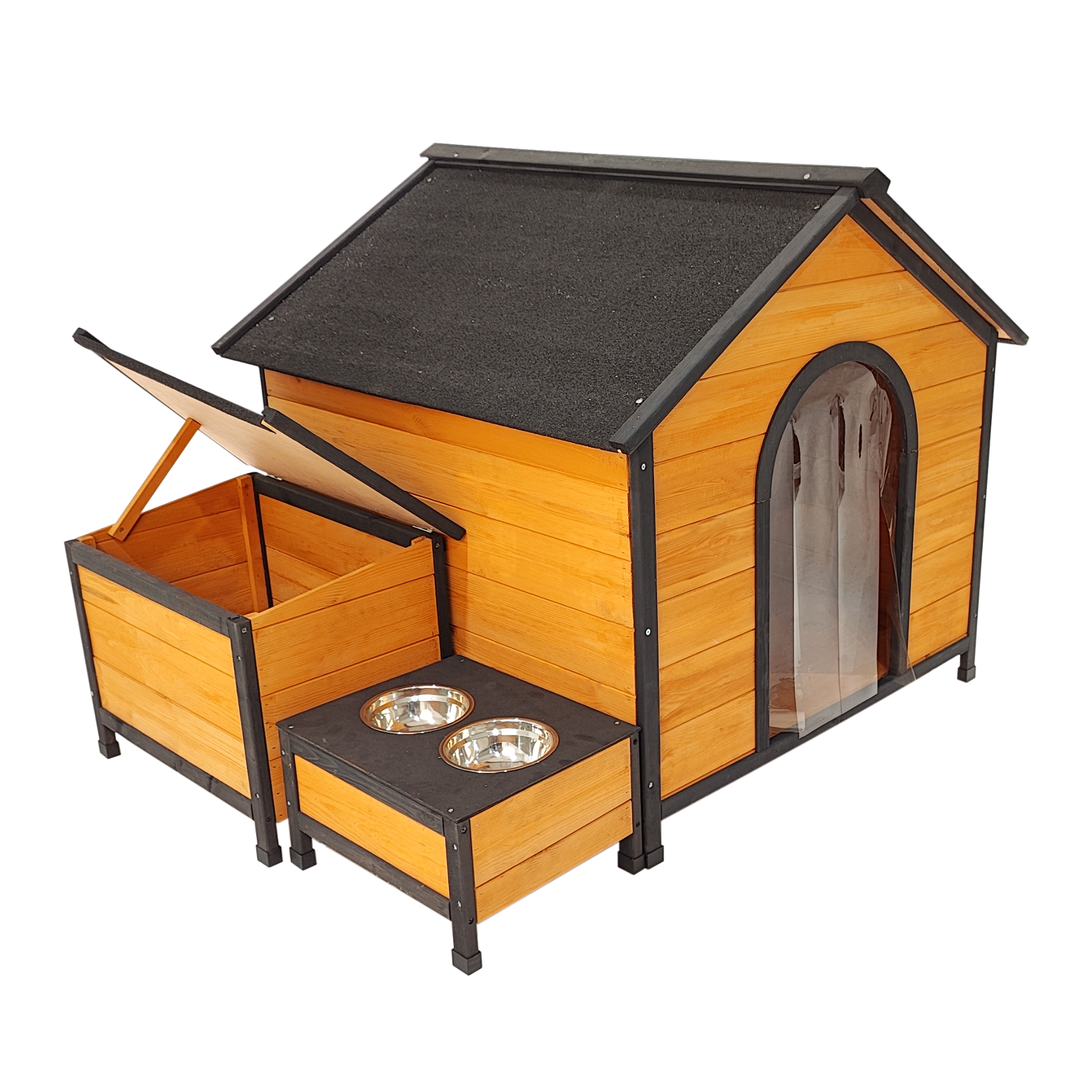 Wearable and Strong Wooden Dog House with Metal Bowls and Toy Box
