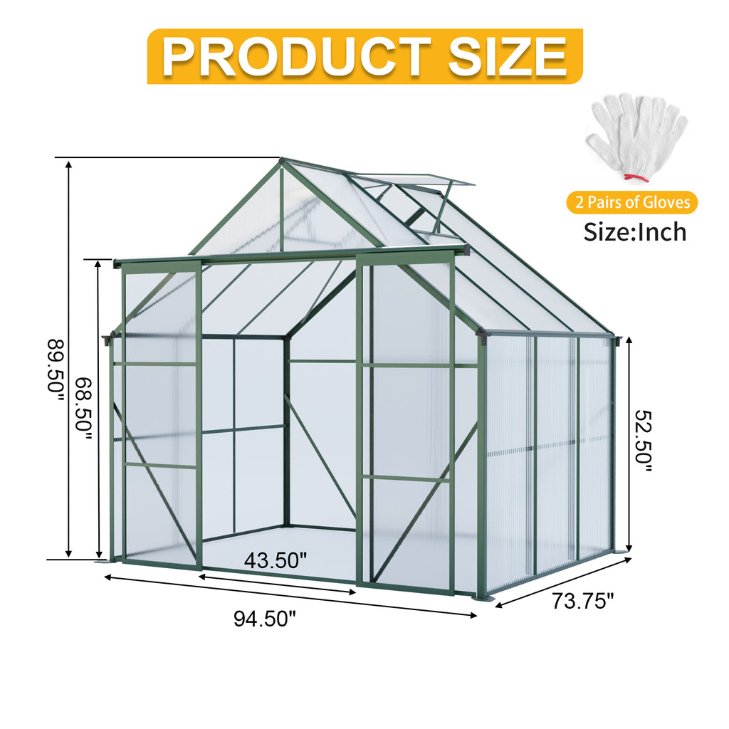 Green Double Door Polycarbonate Greenhouse - 8x6ft