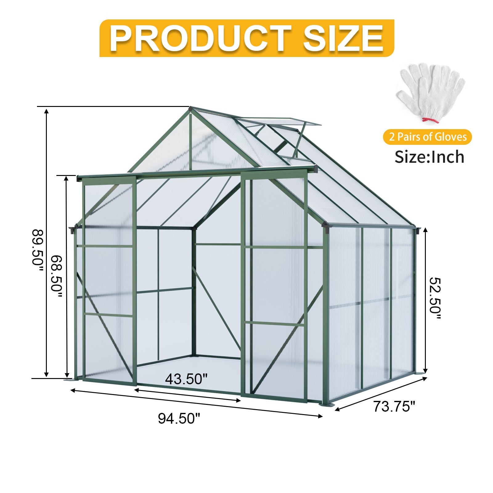 Green Double Door Polycarbonate Greenhouse - 8x6ft